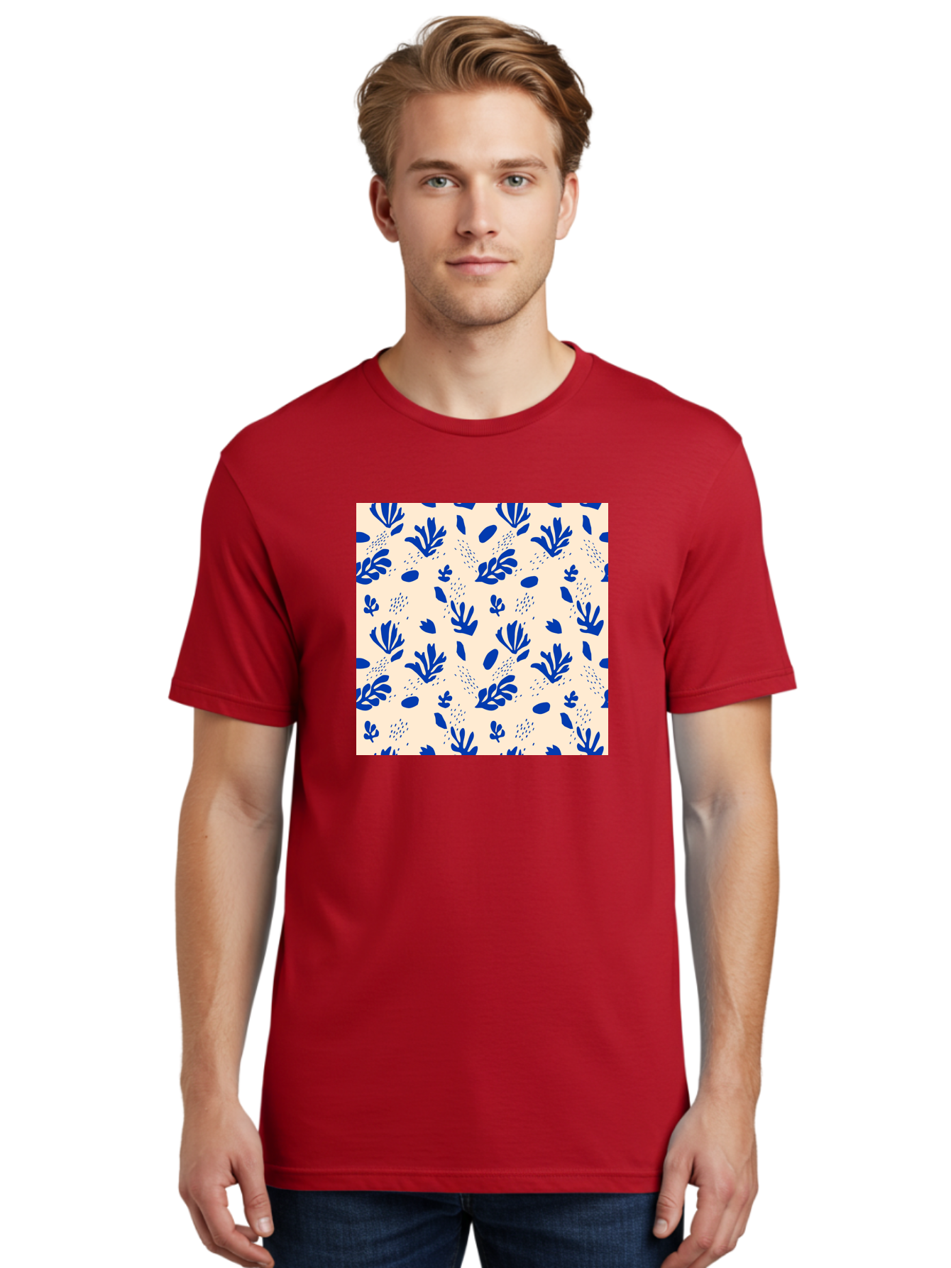 Blue-Florals Men'S Graphic Tee, 100% Cotton, Comfortable Casual Summer Wear, Machine Washable, Blue Flowers, Floral Pattern, Abstract Design, Minimalist Style, Botanical Elements, Decorative Motifs, Cream Background, Hand Drawn, Aab606 18