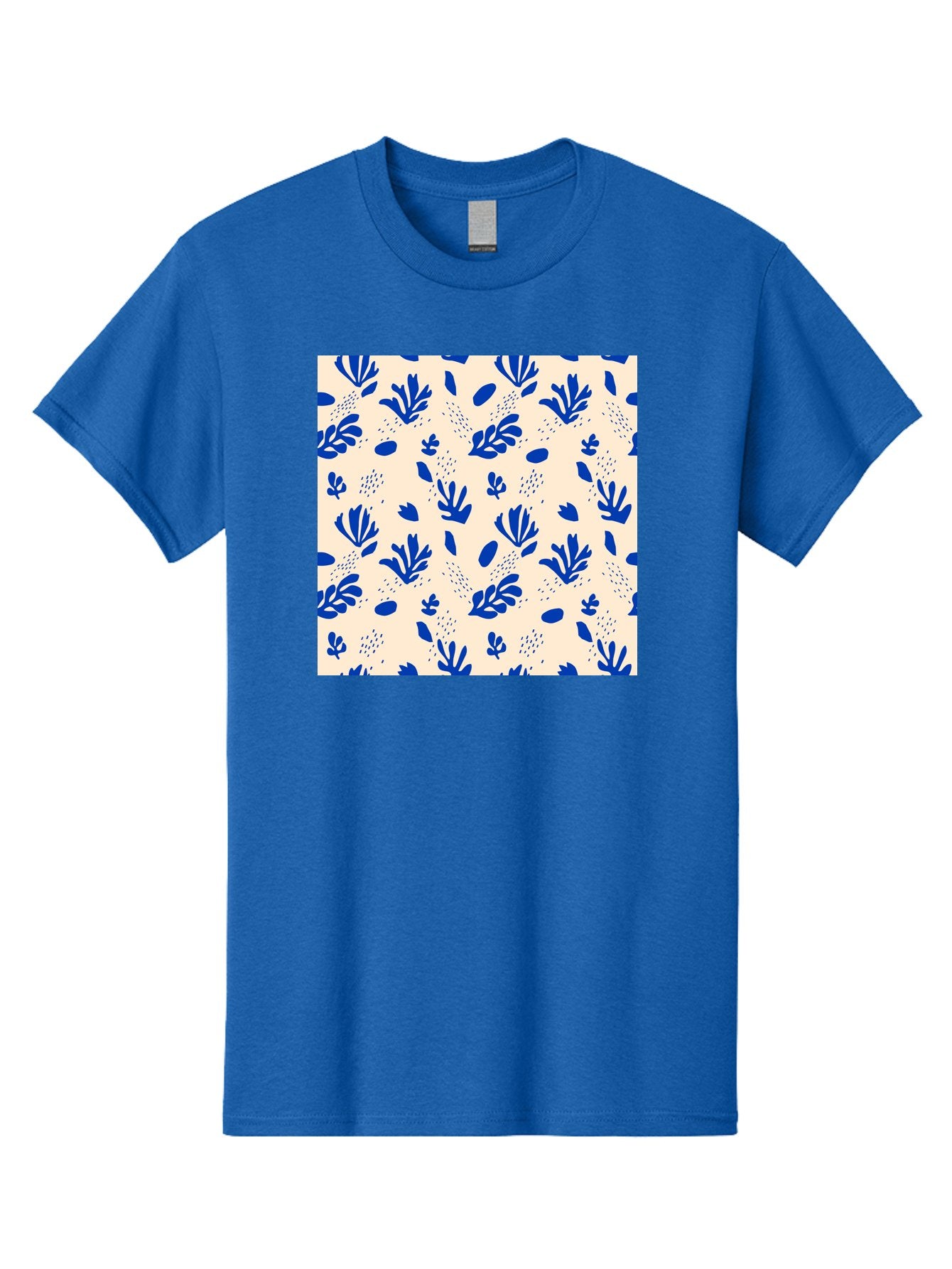 Blue-Florals Men'S Graphic Tee, 100% Cotton, Comfortable Casual Summer Wear, Machine Washable, Blue Flowers, Floral Pattern, Abstract Design, Minimalist Style, Botanical Elements, Decorative Motifs, Cream Background, Hand Drawn, Aab606
