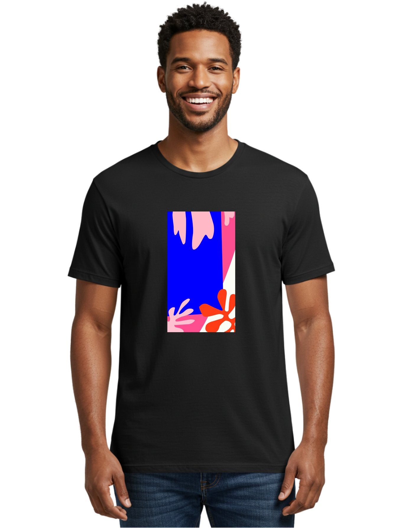 Blue-Strip Men'S Graphic Tee, 100% Cotton, Comfortable Casual Summer Wear, Machine Washable, Abstract Floral Pattern, Vibrant Colors, Blue Background, Pink And Red Flowers, Artistic Design, Modern Art, Colorful Illustration, Floral Motif Aab607 26