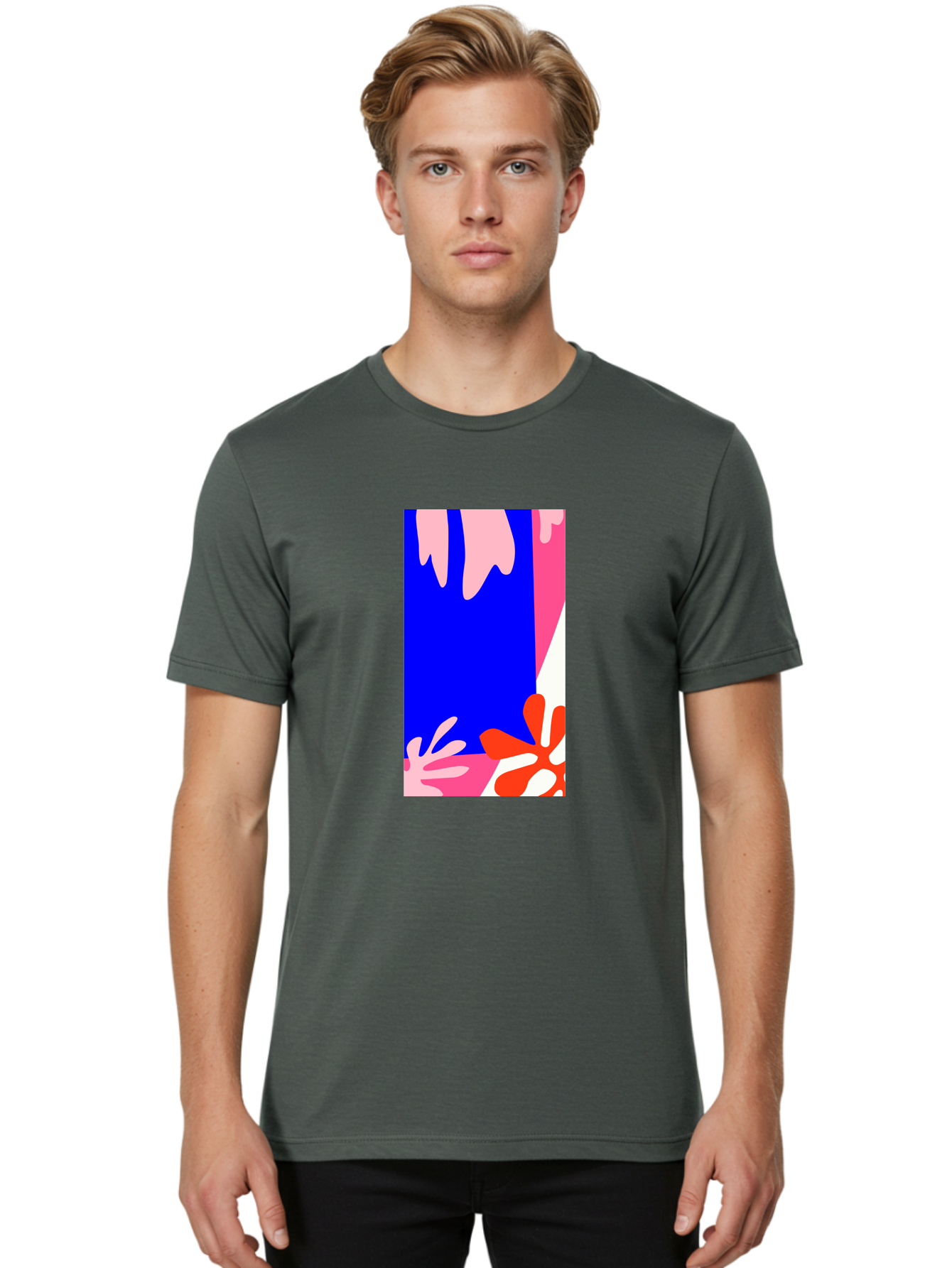 Blue-Strip Men'S Graphic Tee, 100% Cotton, Comfortable Casual Summer Wear, Machine Washable, Abstract Floral Pattern, Vibrant Colors, Blue Background, Pink And Red Flowers, Artistic Design, Modern Art, Colorful Illustration, Floral Motif Aab607 16