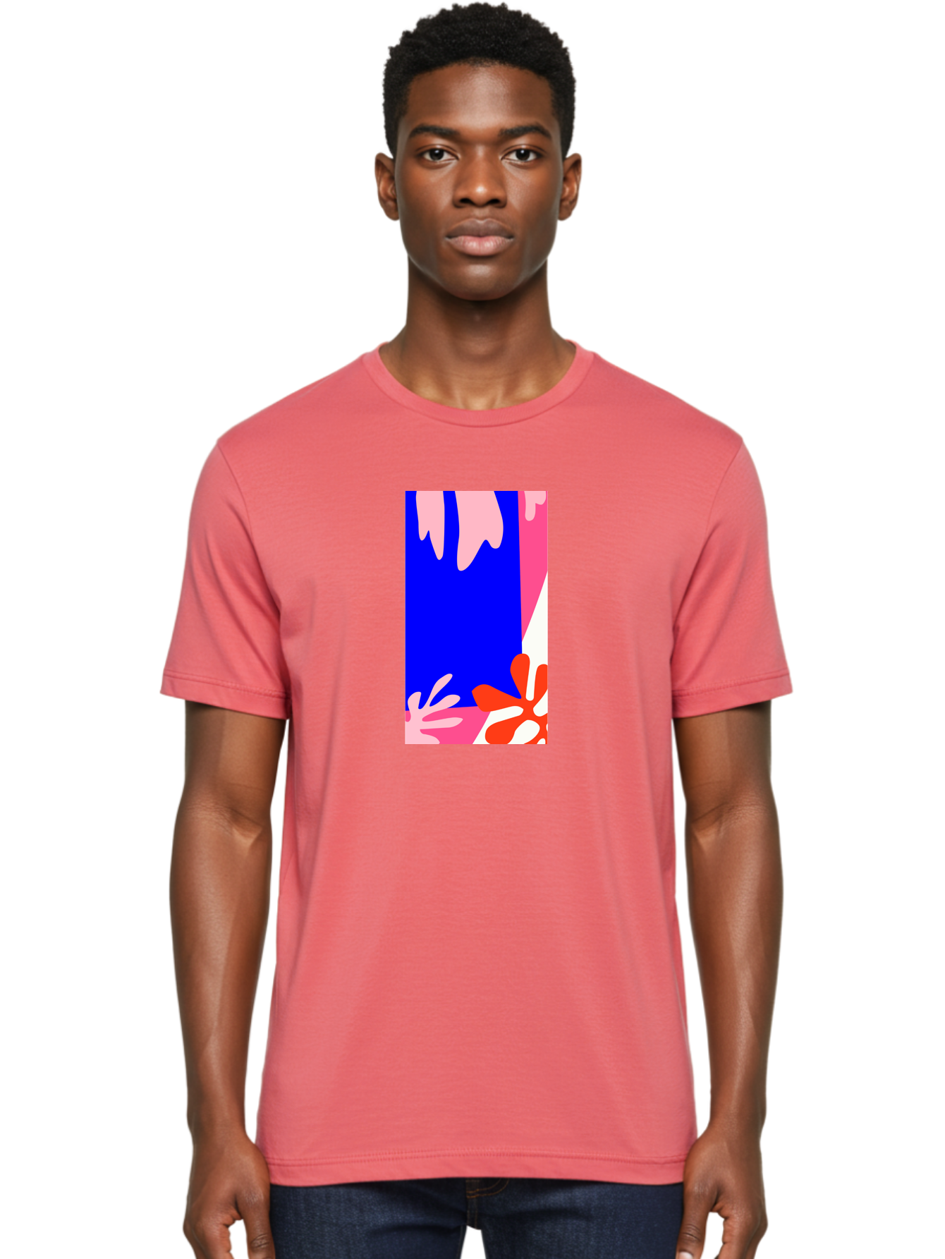 Blue-Strip Men'S Graphic Tee, 100% Cotton, Comfortable Casual Summer Wear, Machine Washable, Abstract Floral Pattern, Vibrant Colors, Blue Background, Pink And Red Flowers, Artistic Design, Modern Art, Colorful Illustration, Floral Motif Aab607 8