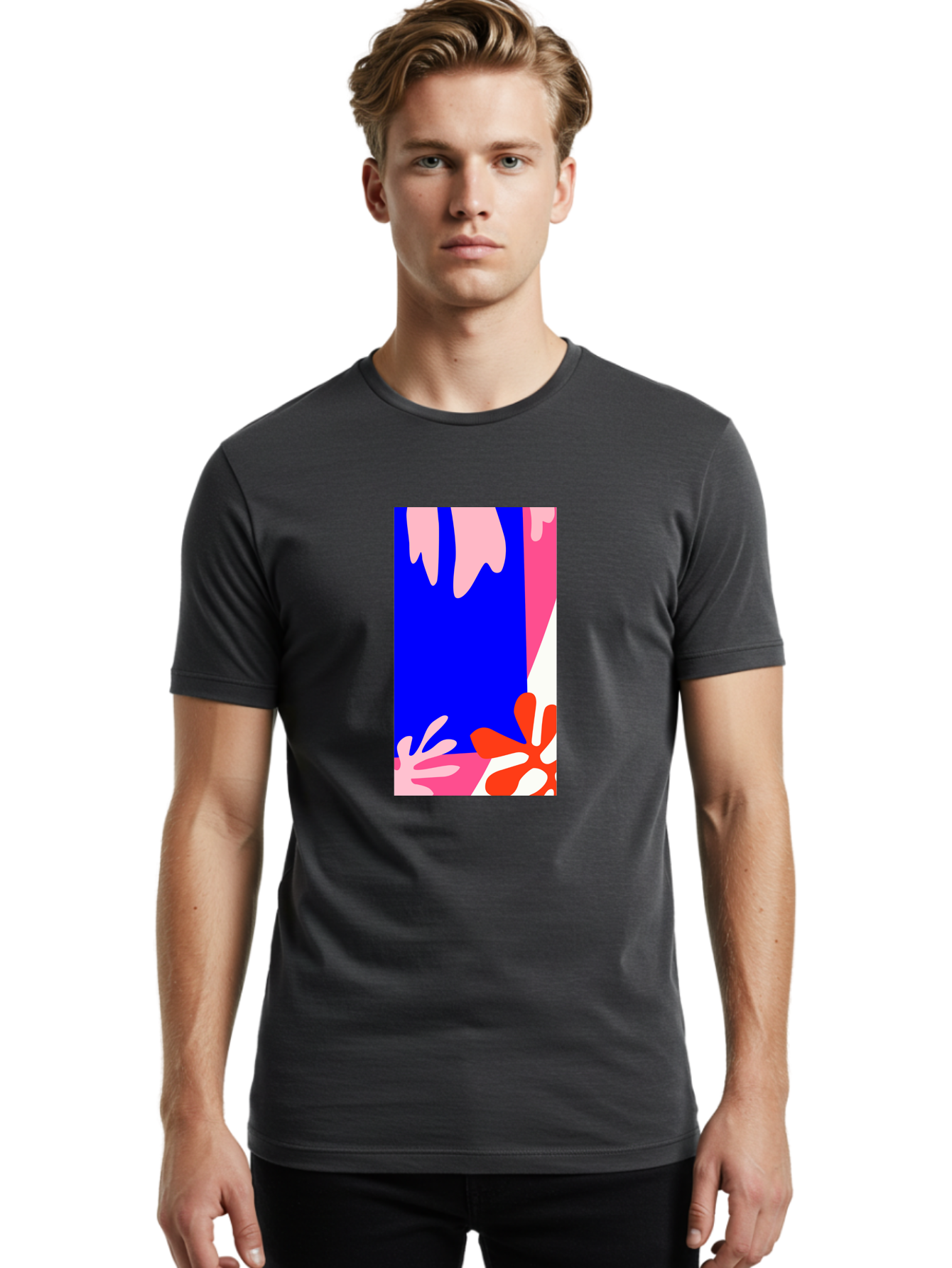 Blue-Strip Men'S Graphic Tee, 100% Cotton, Comfortable Casual Summer Wear, Machine Washable, Abstract Floral Pattern, Vibrant Colors, Blue Background, Pink And Red Flowers, Artistic Design, Modern Art, Colorful Illustration, Floral Motif Aab607 18
