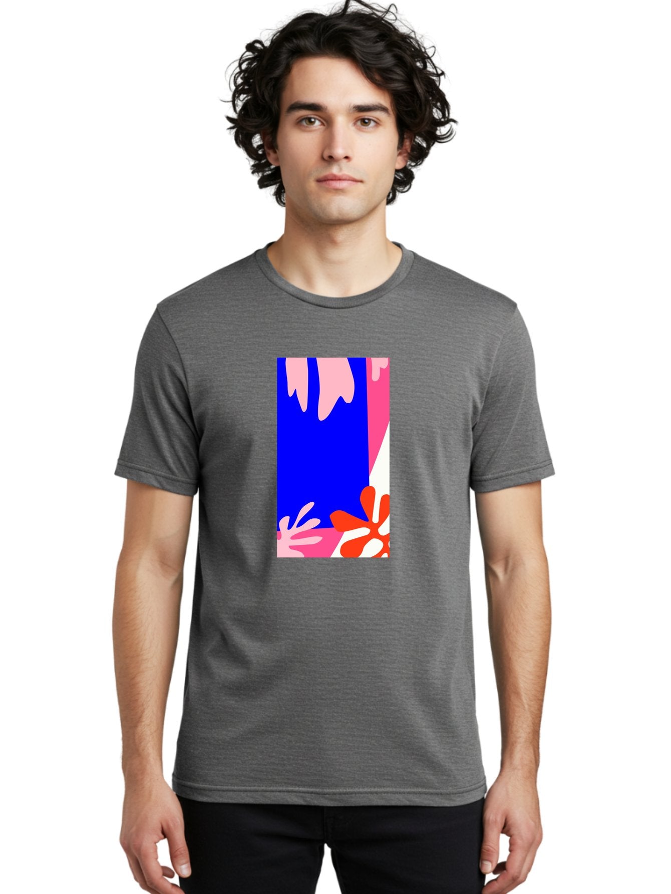 Blue-Strip Men'S Graphic Tee, 100% Cotton, Comfortable Casual Summer Wear, Machine Washable, Abstract Floral Pattern, Vibrant Colors, Blue Background, Pink And Red Flowers, Artistic Design, Modern Art, Colorful Illustration, Floral Motif Aab607 29