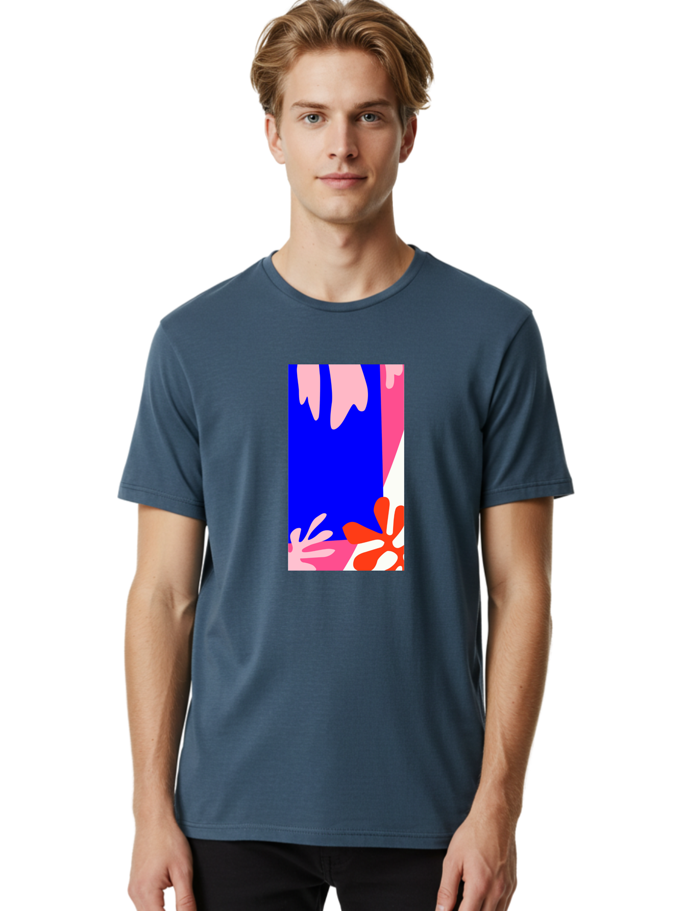 Blue-Strip Men'S Graphic Tee, 100% Cotton, Comfortable Casual Summer Wear, Machine Washable, Abstract Floral Pattern, Vibrant Colors, Blue Background, Pink And Red Flowers, Artistic Design, Modern Art, Colorful Illustration, Floral Motif Aab607 26