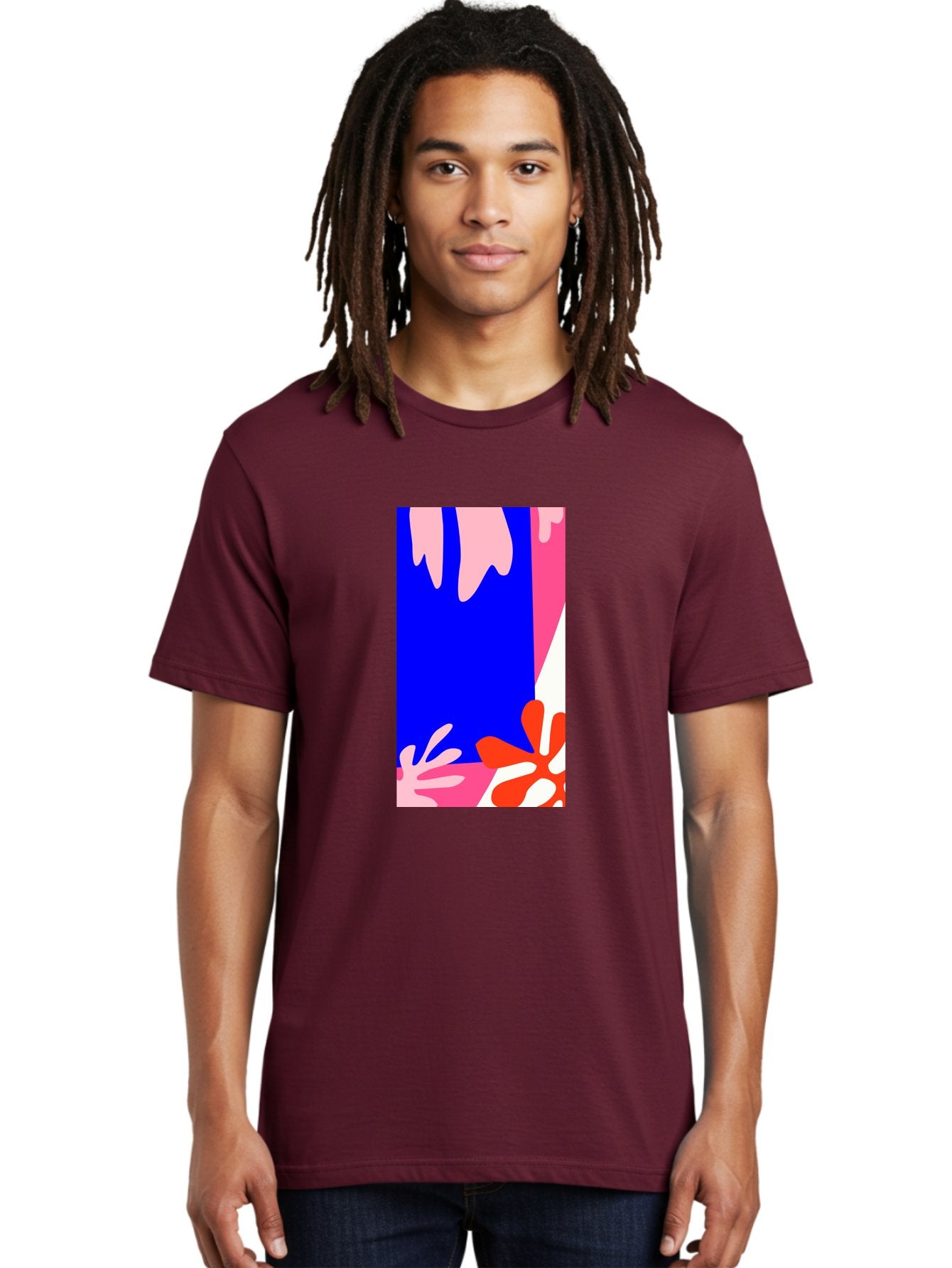 Blue-Strip Men'S Graphic Tee, 100% Cotton, Comfortable Casual Summer Wear, Machine Washable, Abstract Floral Pattern, Vibrant Colors, Blue Background, Pink And Red Flowers, Artistic Design, Modern Art, Colorful Illustration, Floral Motif Aab607 24