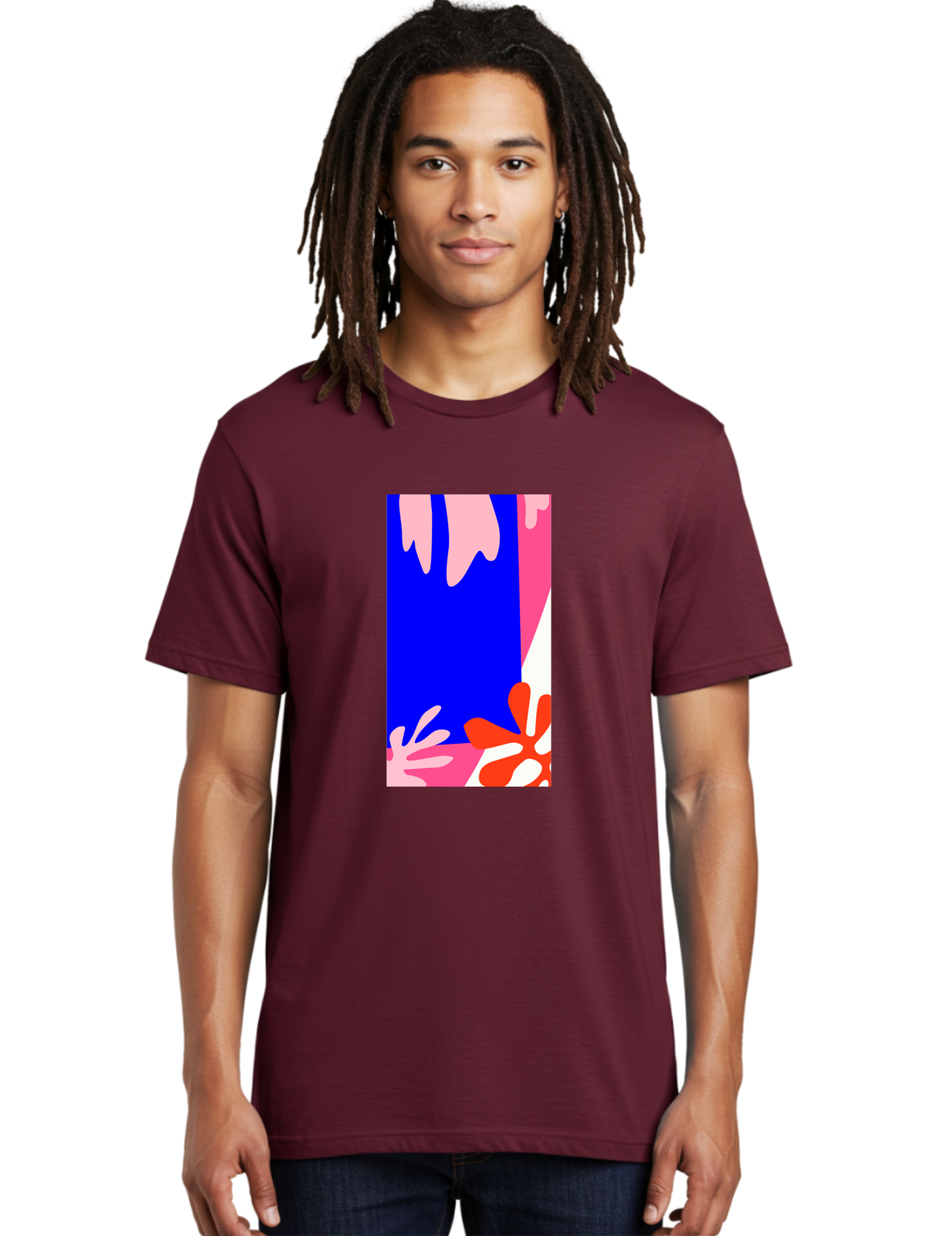 Blue-Strip Men'S Graphic Tee, 100% Cotton, Comfortable Casual Summer Wear, Machine Washable, Abstract Floral Pattern, Vibrant Colors, Blue Background, Pink And Red Flowers, Artistic Design, Modern Art, Colorful Illustration, Floral Motif Aab607 14