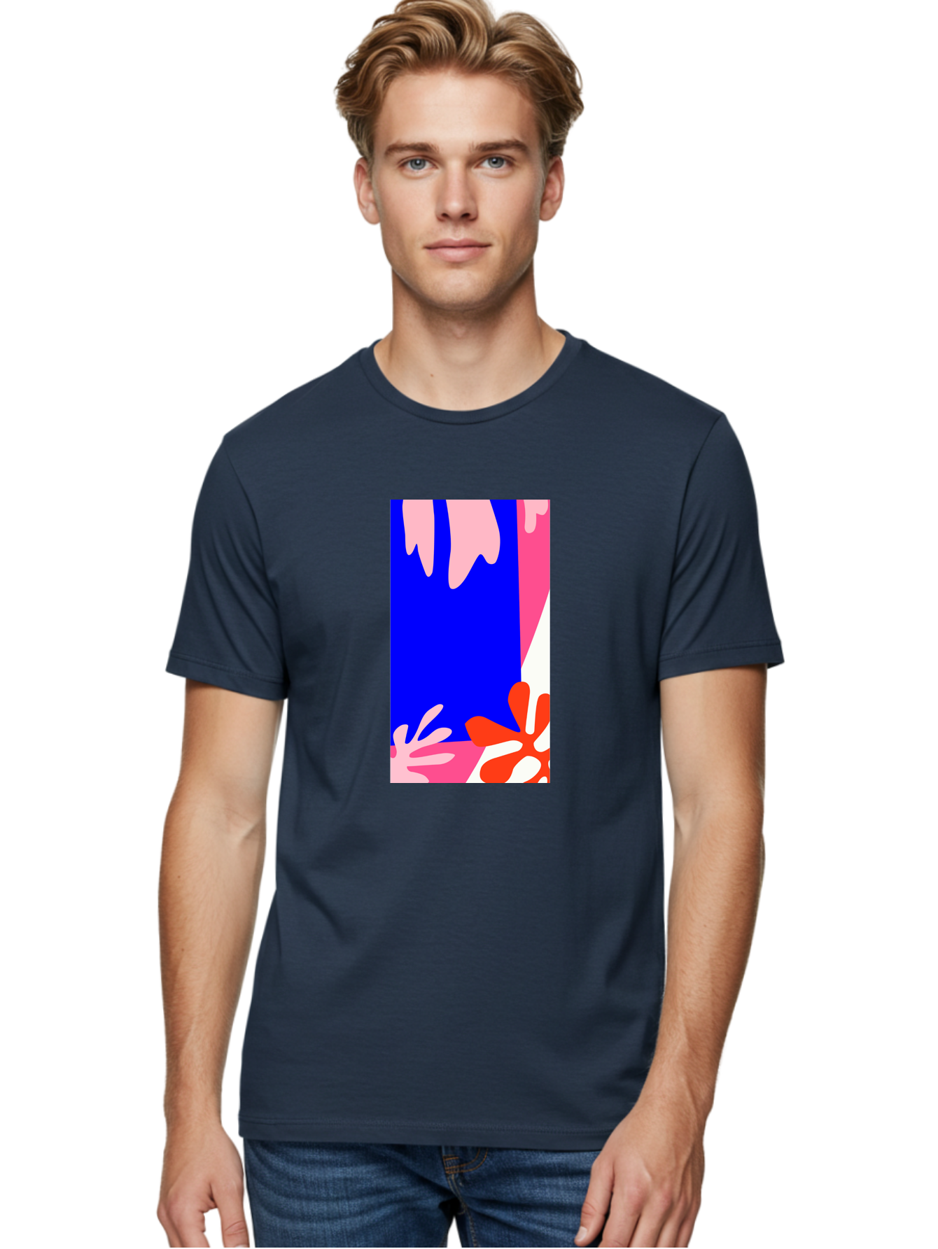 Blue-Strip Men'S Graphic Tee, 100% Cotton, Comfortable Casual Summer Wear, Machine Washable, Abstract Floral Pattern, Vibrant Colors, Blue Background, Pink And Red Flowers, Artistic Design, Modern Art, Colorful Illustration, Floral Motif Aab607 20
