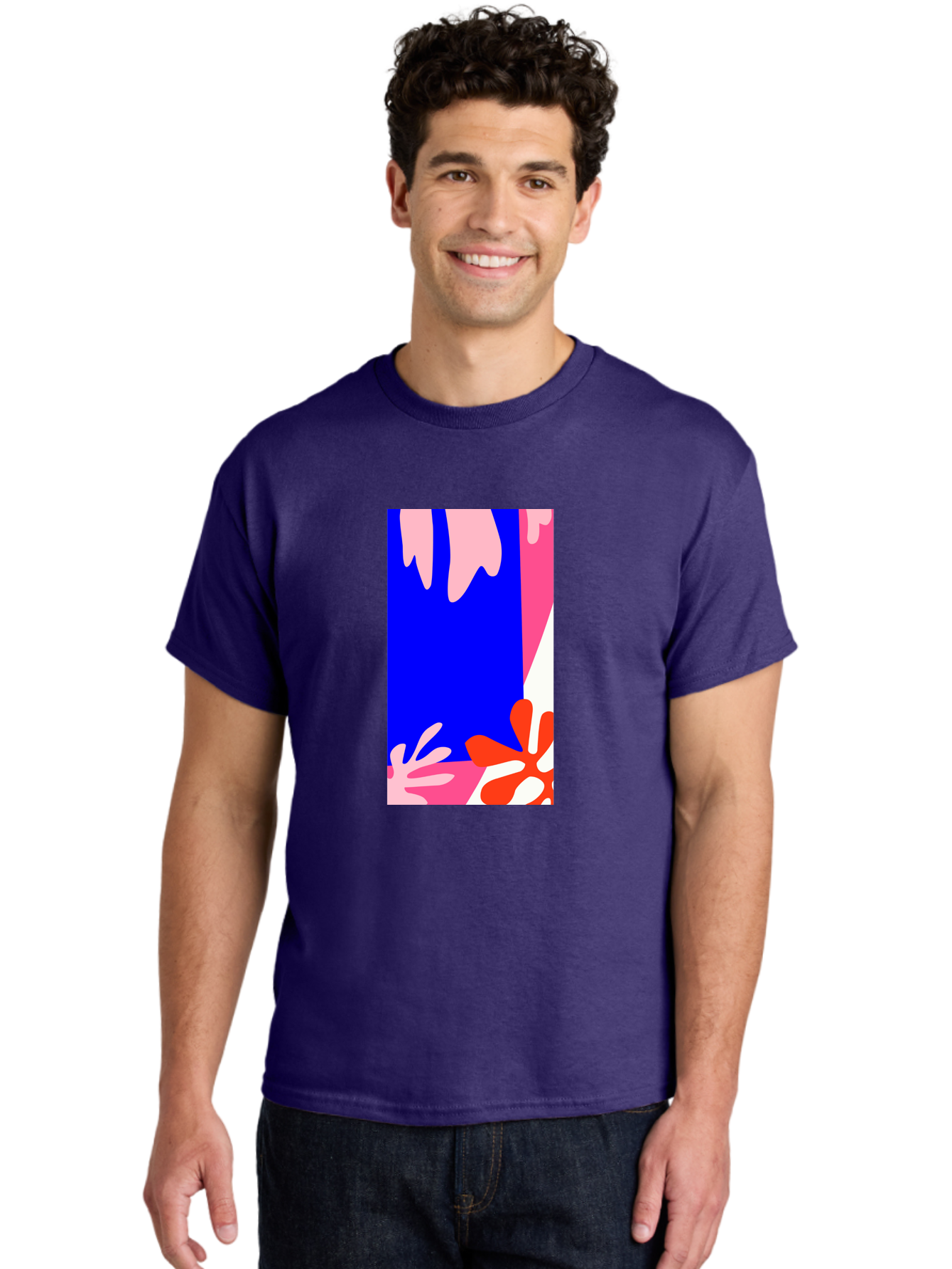 Blue-Strip Men'S Graphic Tee, 100% Cotton, Comfortable Casual Summer Wear, Machine Washable, Abstract Floral Pattern, Vibrant Colors, Blue Background, Pink And Red Flowers, Artistic Design, Modern Art, Colorful Illustration, Floral Motif Aab607 30