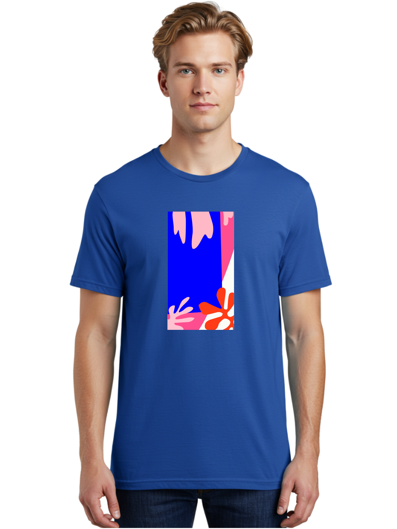 Blue-Strip Men'S Graphic Tee, 100% Cotton, Comfortable Casual Summer Wear, Machine Washable, Abstract Floral Pattern, Vibrant Colors, Blue Background, Pink And Red Flowers, Artistic Design, Modern Art, Colorful Illustration, Floral Motif Aab607