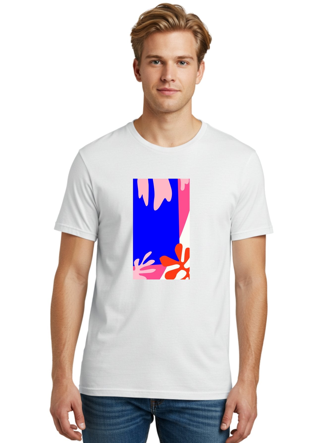 Blue-Strip Men'S Graphic Tee, 100% Cotton, Comfortable Casual Summer Wear, Machine Washable, Abstract Floral Pattern, Vibrant Colors, Blue Background, Pink And Red Flowers, Artistic Design, Modern Art, Colorful Illustration, Floral Motif Aab607 19