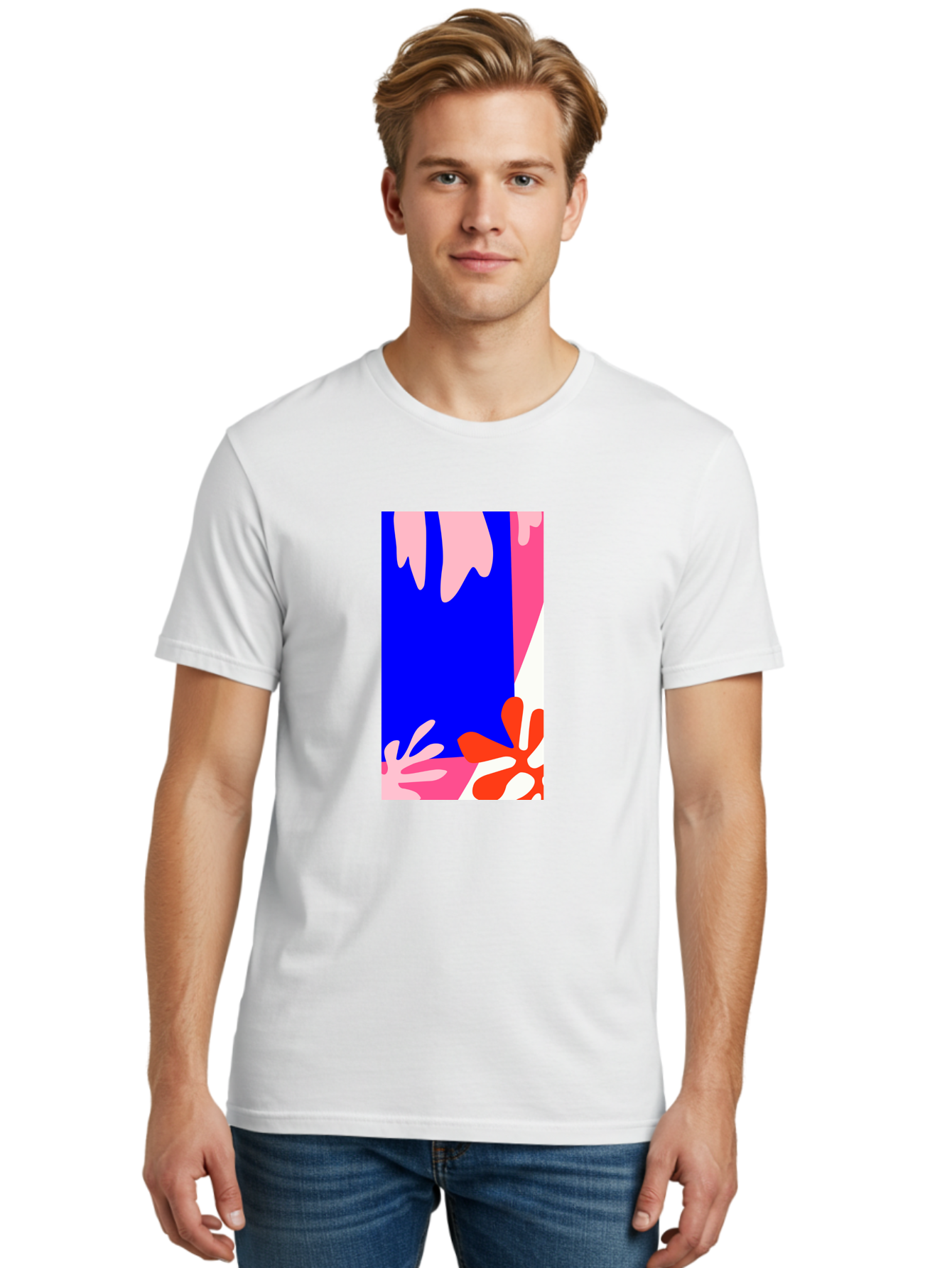 Blue-Strip Men'S Graphic Tee, 100% Cotton, Comfortable Casual Summer Wear, Machine Washable, Abstract Floral Pattern, Vibrant Colors, Blue Background, Pink And Red Flowers, Artistic Design, Modern Art, Colorful Illustration, Floral Motif Aab607 22