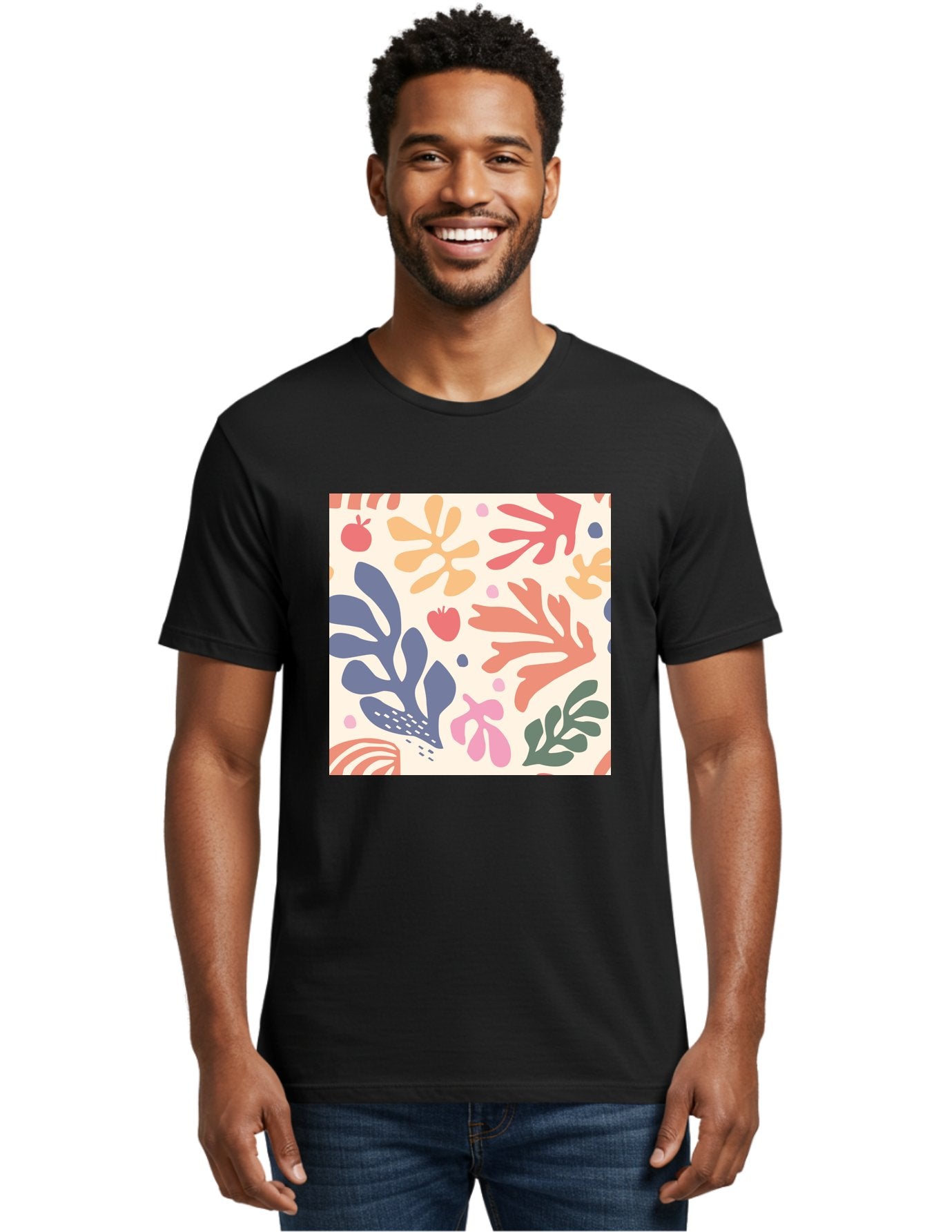 Colorful-Floral-Pattern Men'S Graphic Tee, 100% Cotton, Comfortable Casual Summer Wear, Machine Washable, Colorful Floral Pattern, Abstract Flowers, Vibrant Colors, Playful Design, Whimsical Elements, Artistic Illustration, Red Apple, Aab608 17