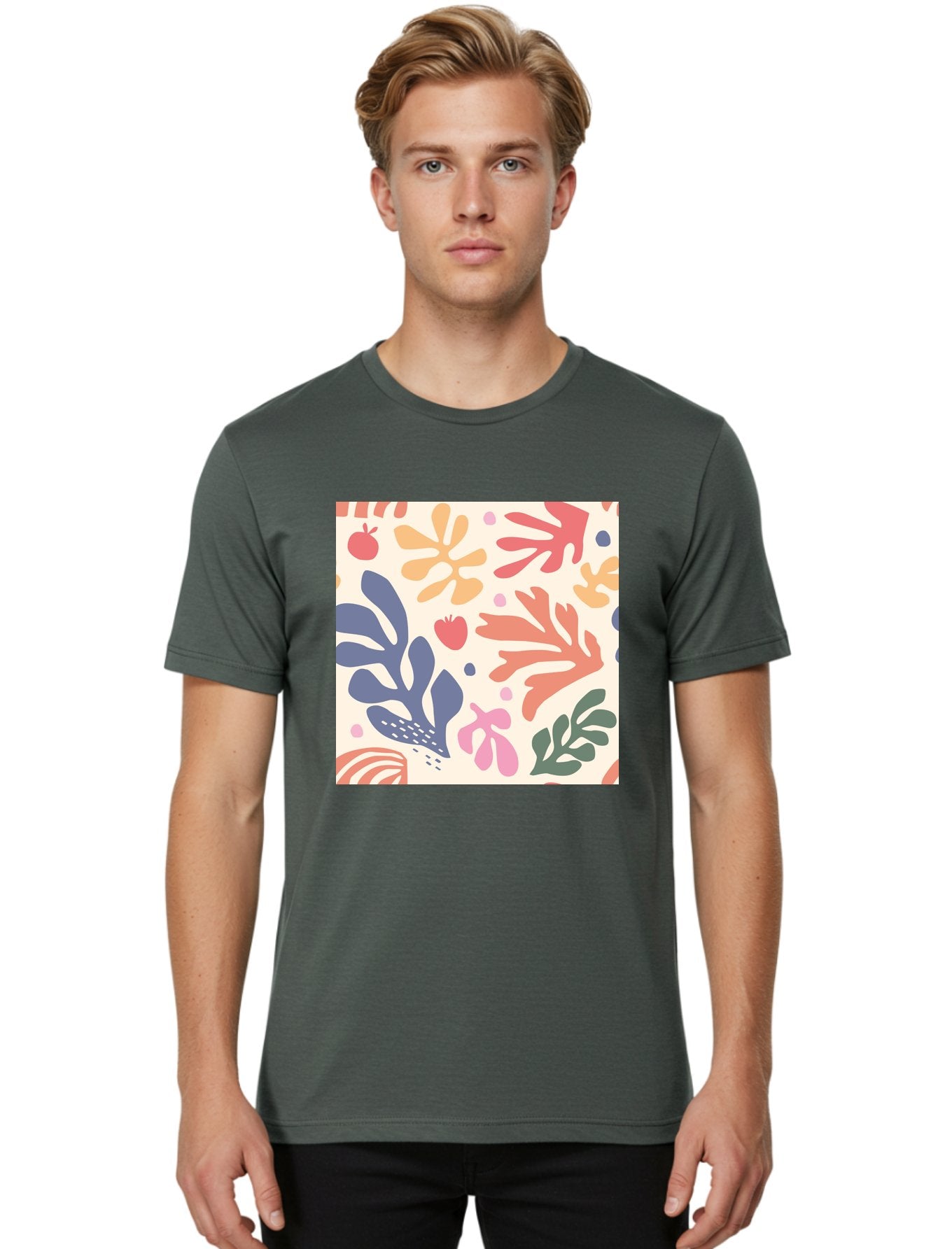 Colorful-Floral-Pattern Men'S Graphic Tee, 100% Cotton, Comfortable Casual Summer Wear, Machine Washable, Colorful Floral Pattern, Abstract Flowers, Vibrant Colors, Playful Design, Whimsical Elements, Artistic Illustration, Red Apple, Aab608 16