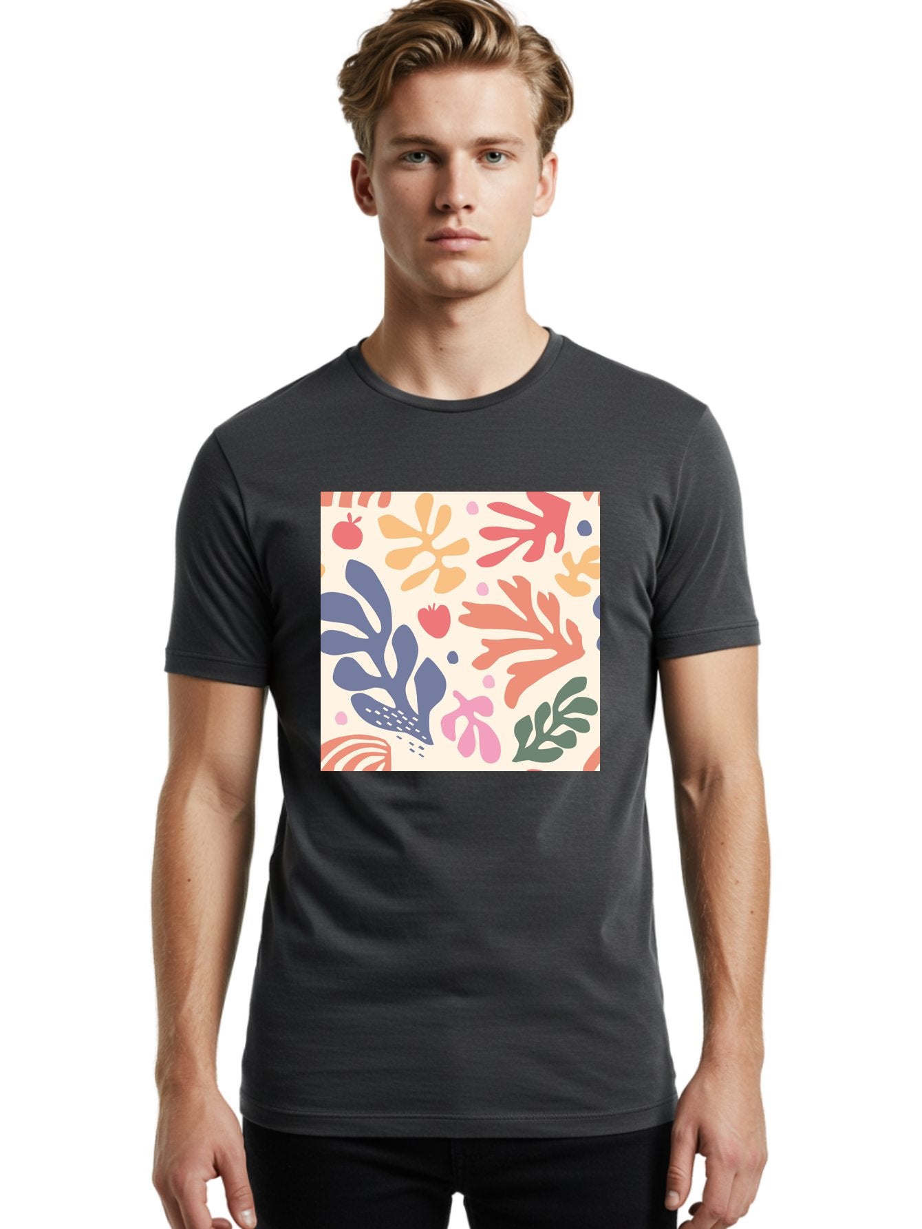 Colorful-Floral-Pattern Men'S Graphic Tee, 100% Cotton, Comfortable Casual Summer Wear, Machine Washable, Colorful Floral Pattern, Abstract Flowers, Vibrant Colors, Playful Design, Whimsical Elements, Artistic Illustration, Red Apple, Aab608 28