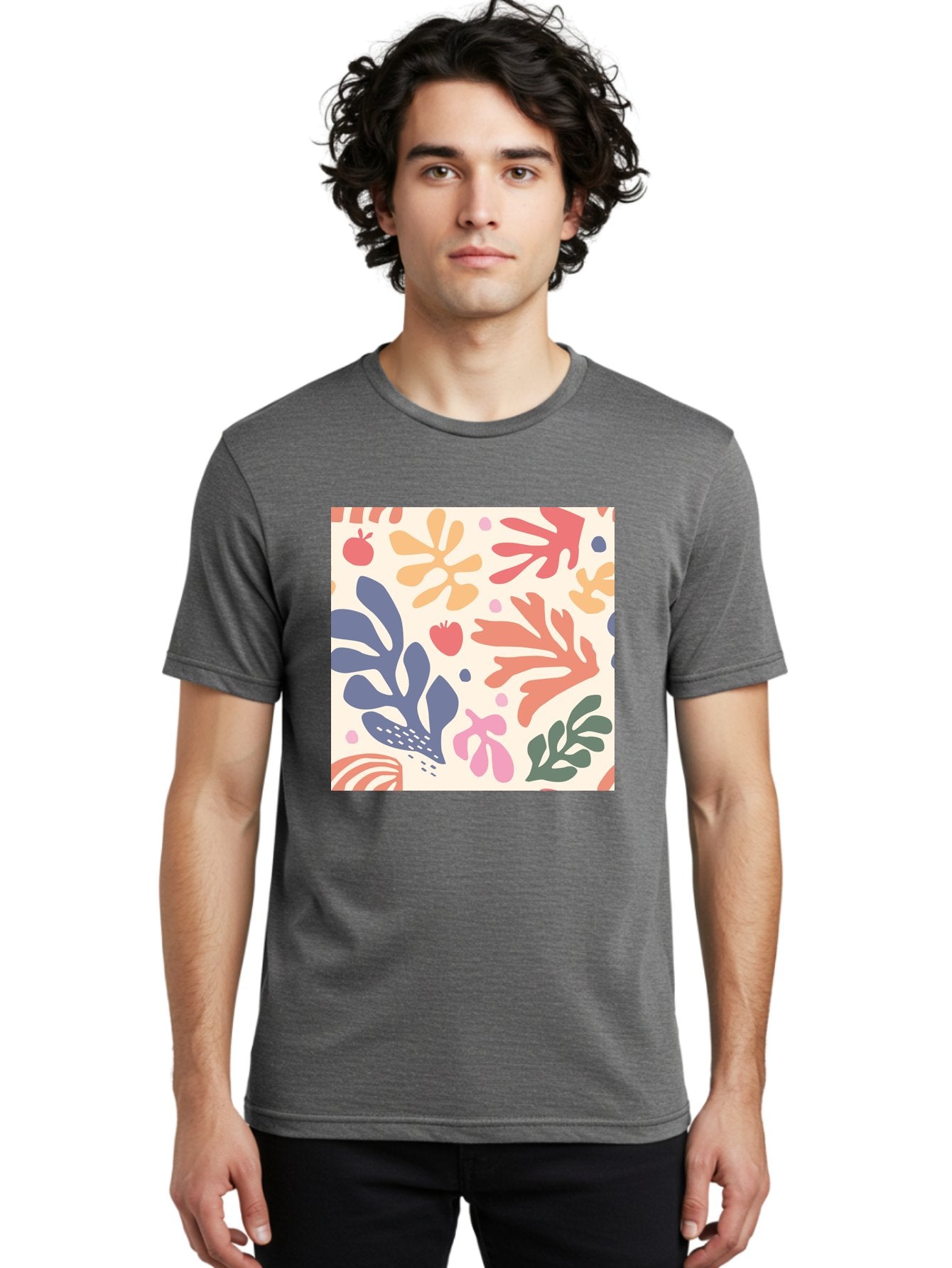 Colorful-Floral-Pattern Men'S Graphic Tee, 100% Cotton, Comfortable Casual Summer Wear, Machine Washable, Colorful Floral Pattern, Abstract Flowers, Vibrant Colors, Playful Design, Whimsical Elements, Artistic Illustration, Red Apple, Aab608 27