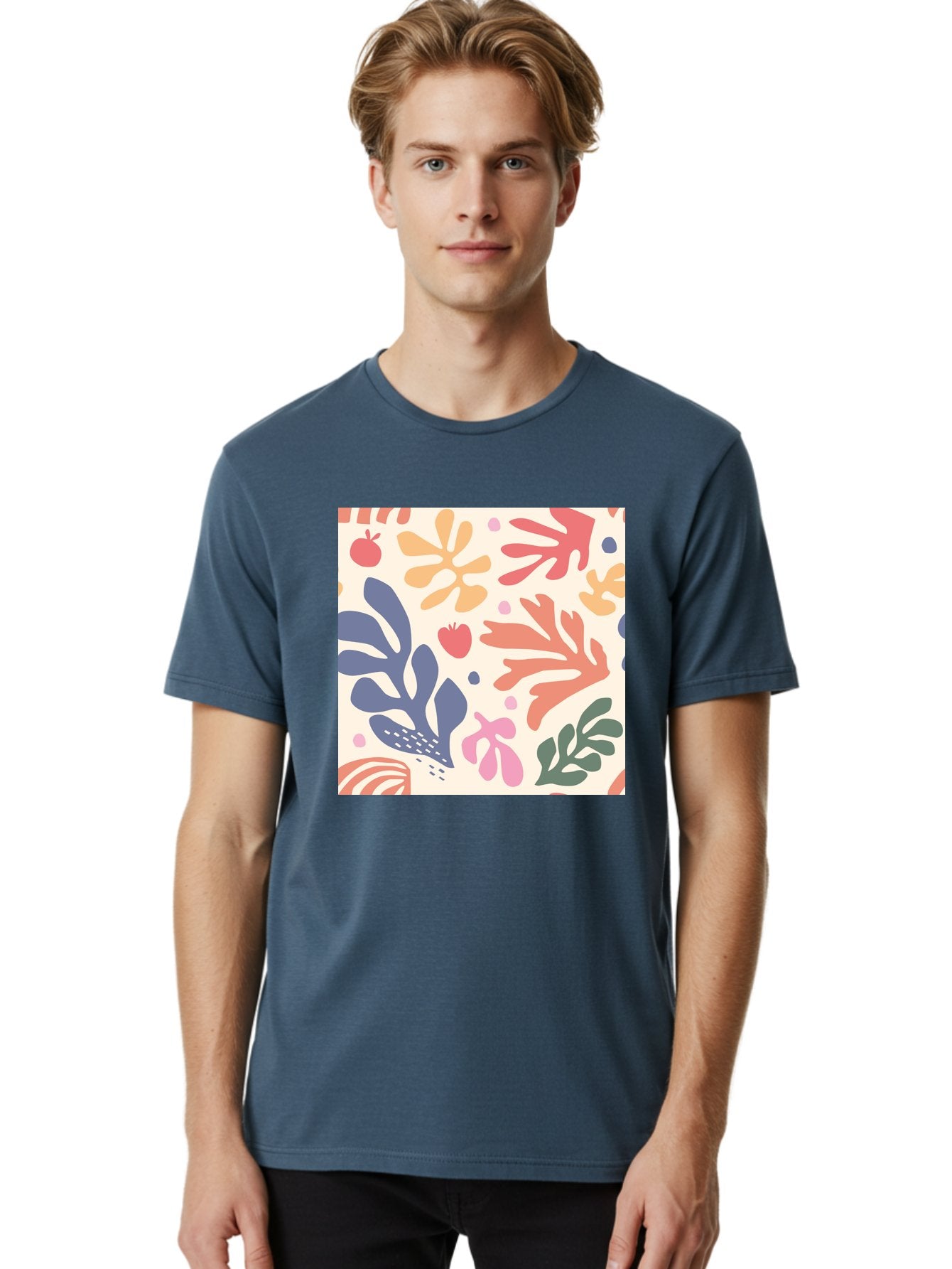 Colorful-Floral-Pattern Men'S Graphic Tee, 100% Cotton, Comfortable Casual Summer Wear, Machine Washable, Colorful Floral Pattern, Abstract Flowers, Vibrant Colors, Playful Design, Whimsical Elements, Artistic Illustration, Red Apple, Aab608 20