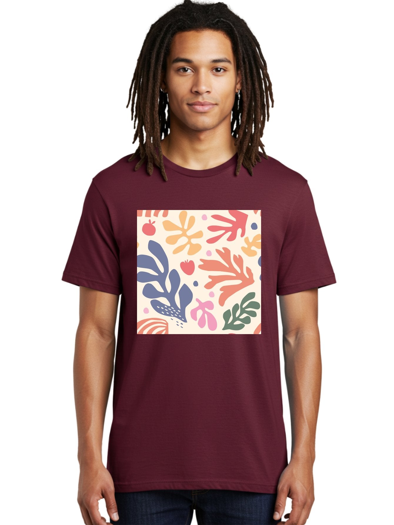 Colorful-Floral-Pattern Men'S Graphic Tee, 100% Cotton, Comfortable Casual Summer Wear, Machine Washable, Colorful Floral Pattern, Abstract Flowers, Vibrant Colors, Playful Design, Whimsical Elements, Artistic Illustration, Red Apple, Aab608 18