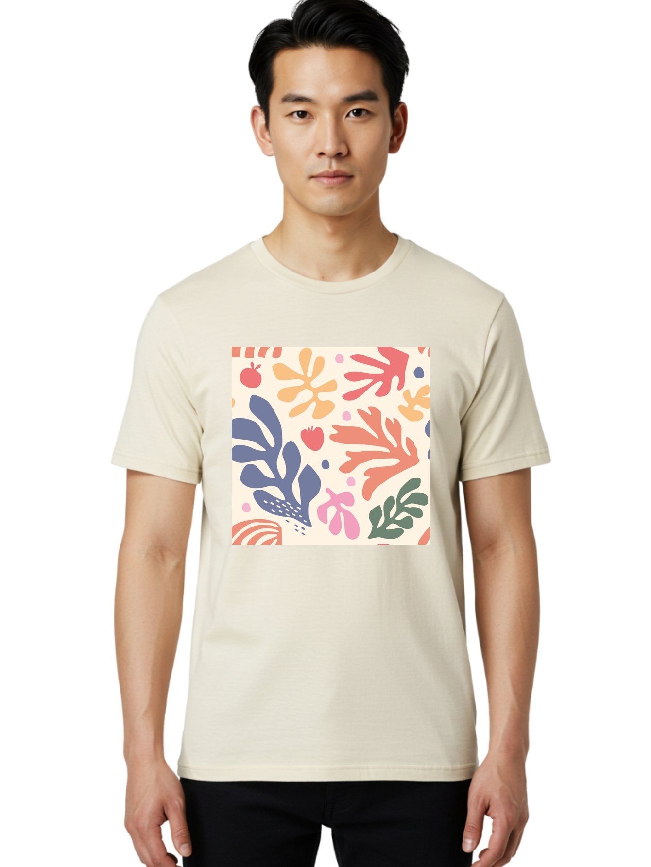 Colorful-Floral-Pattern Men'S Graphic Tee, 100% Cotton, Comfortable Casual Summer Wear, Machine Washable, Colorful Floral Pattern, Abstract Flowers, Vibrant Colors, Playful Design, Whimsical Elements, Artistic Illustration, Red Apple, Aab608 25