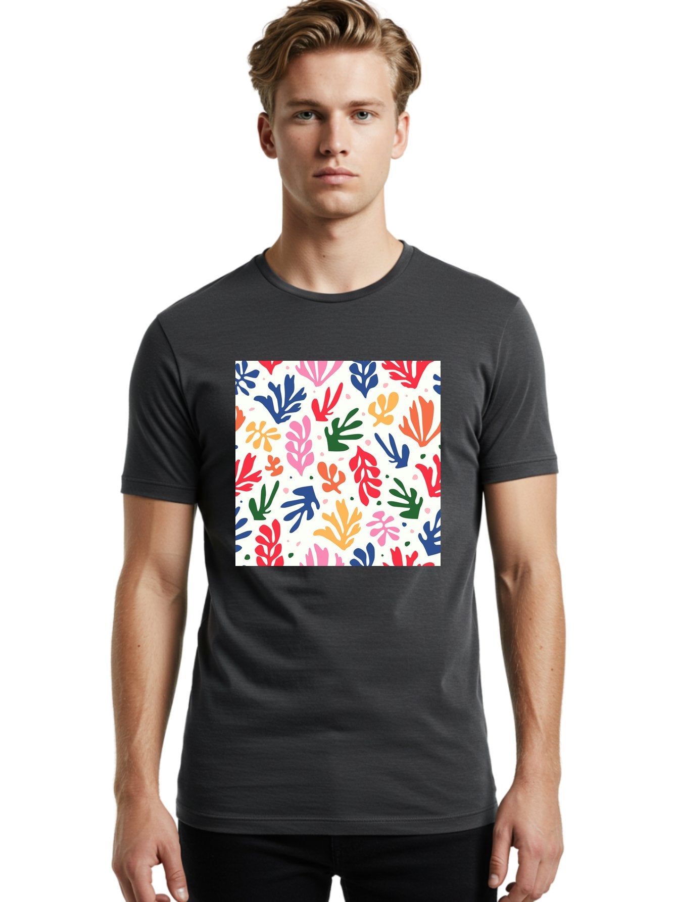 Colorful-Leaves-Pattern Men'S Graphic Tee, 100% Cotton, Comfortable Casual Summer Wear, Machine Washable, Colorful Leaves, Floral Pattern, Vibrant Colors, Playful Design, Abstract Shapes, Whimsical Artwork, Artistic Expression, Aab609 26