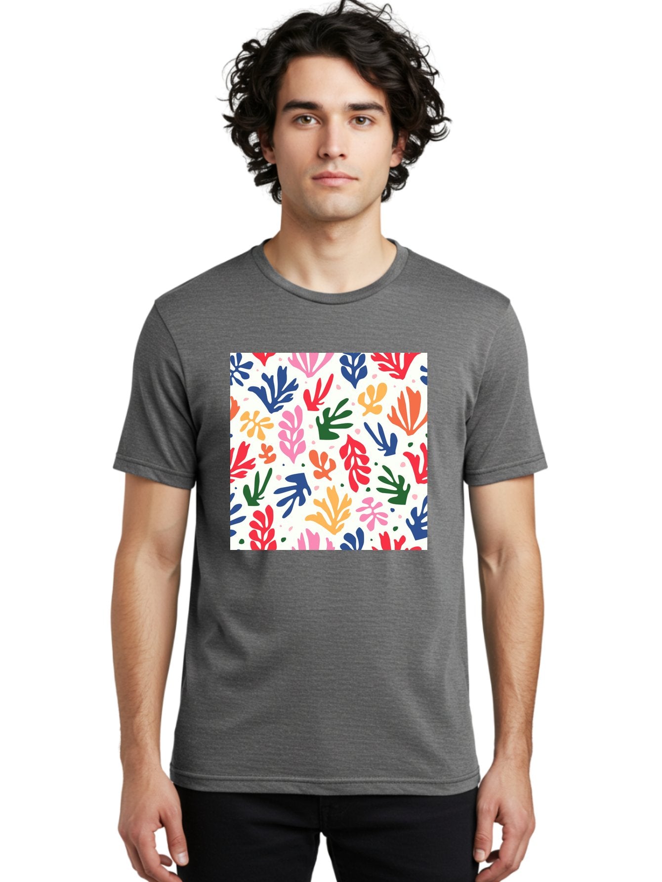 Colorful-Leaves-Pattern Men'S Graphic Tee, 100% Cotton, Comfortable Casual Summer Wear, Machine Washable, Colorful Leaves, Floral Pattern, Vibrant Colors, Playful Design, Abstract Shapes, Whimsical Artwork, Artistic Expression, Aab609 30
