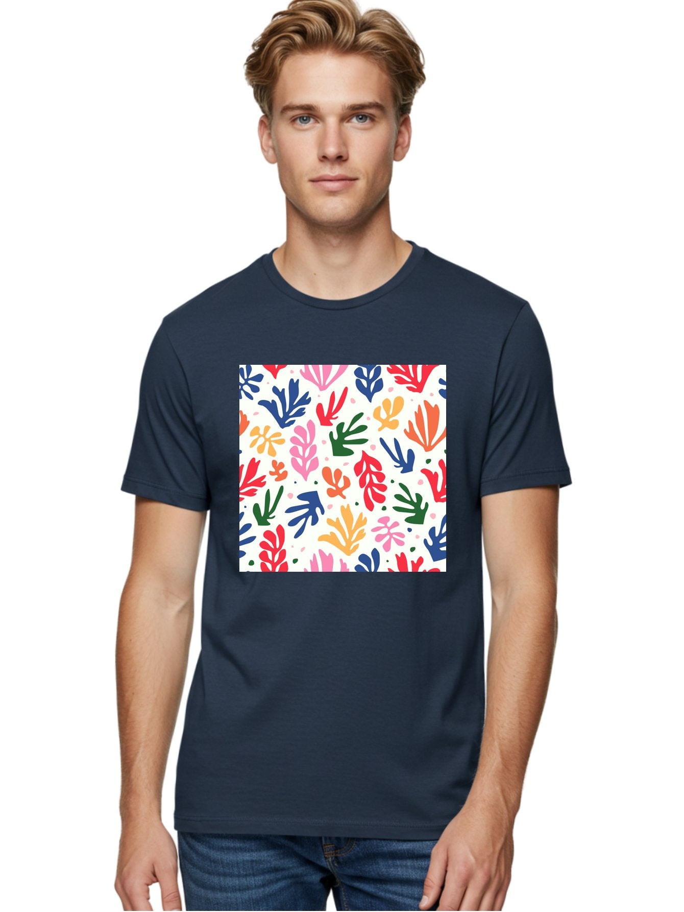 Colorful-Leaves-Pattern Men'S Graphic Tee, 100% Cotton, Comfortable Casual Summer Wear, Machine Washable, Colorful Leaves, Floral Pattern, Vibrant Colors, Playful Design, Abstract Shapes, Whimsical Artwork, Artistic Expression, Aab609 20