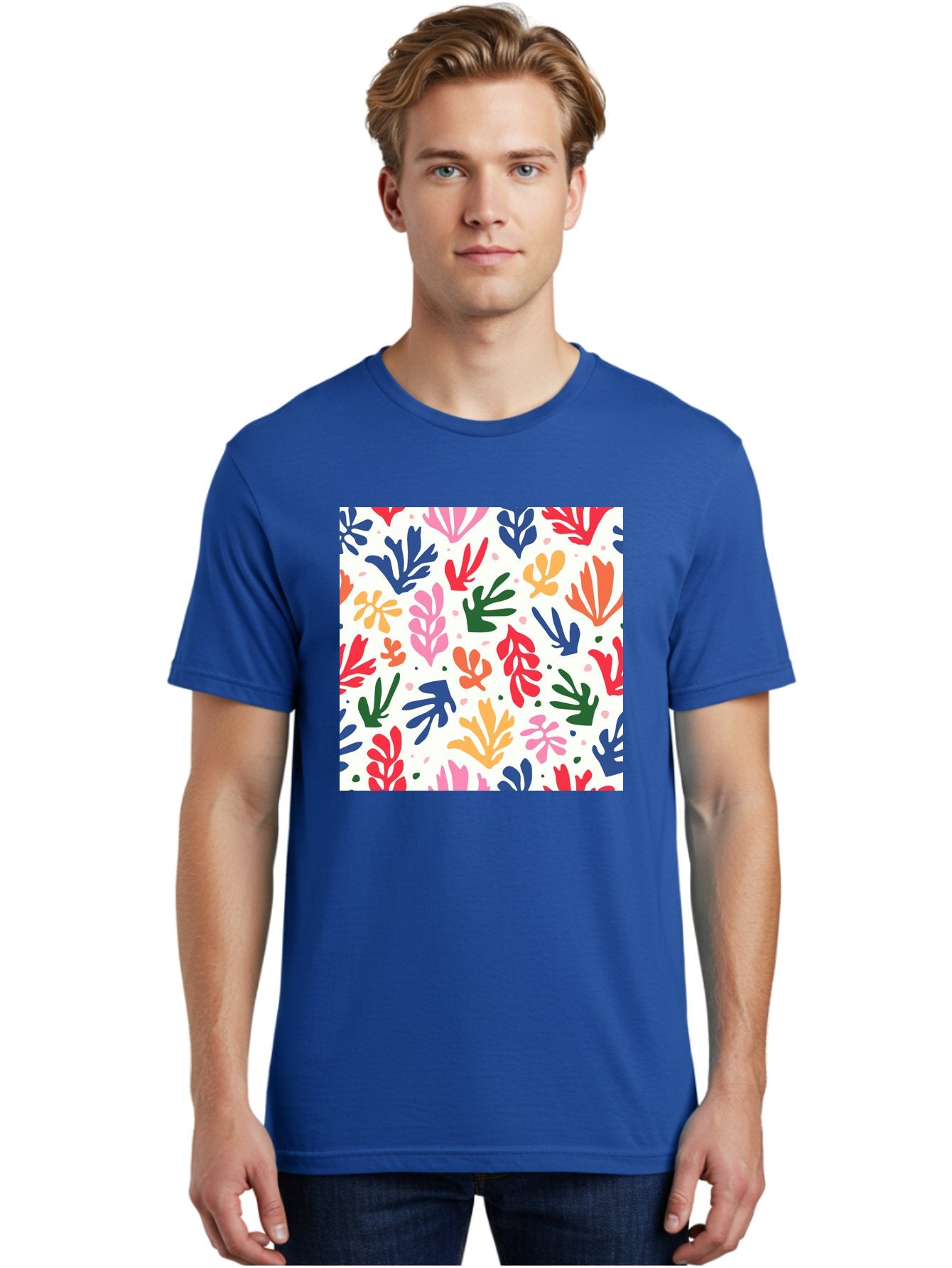 Colorful-Leaves-Pattern Men'S Graphic Tee, 100% Cotton, Comfortable Casual Summer Wear, Machine Washable, Colorful Leaves, Floral Pattern, Vibrant Colors, Playful Design, Abstract Shapes, Whimsical Artwork, Artistic Expression, Aab609 27