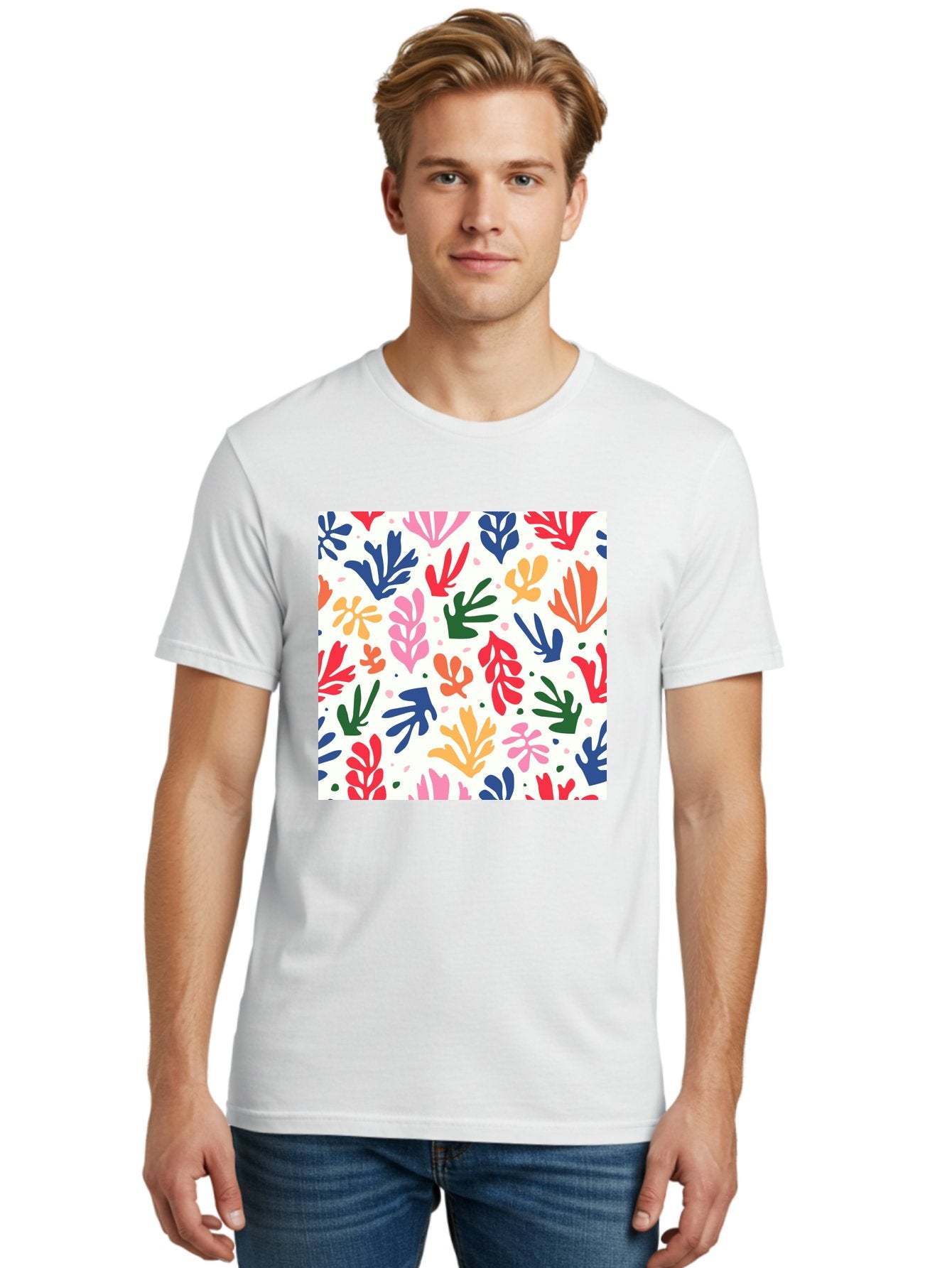 Colorful-Leaves-Pattern Men'S Graphic Tee, 100% Cotton, Comfortable Casual Summer Wear, Machine Washable, Colorful Leaves, Floral Pattern, Vibrant Colors, Playful Design, Abstract Shapes, Whimsical Artwork, Artistic Expression, Aab609 29