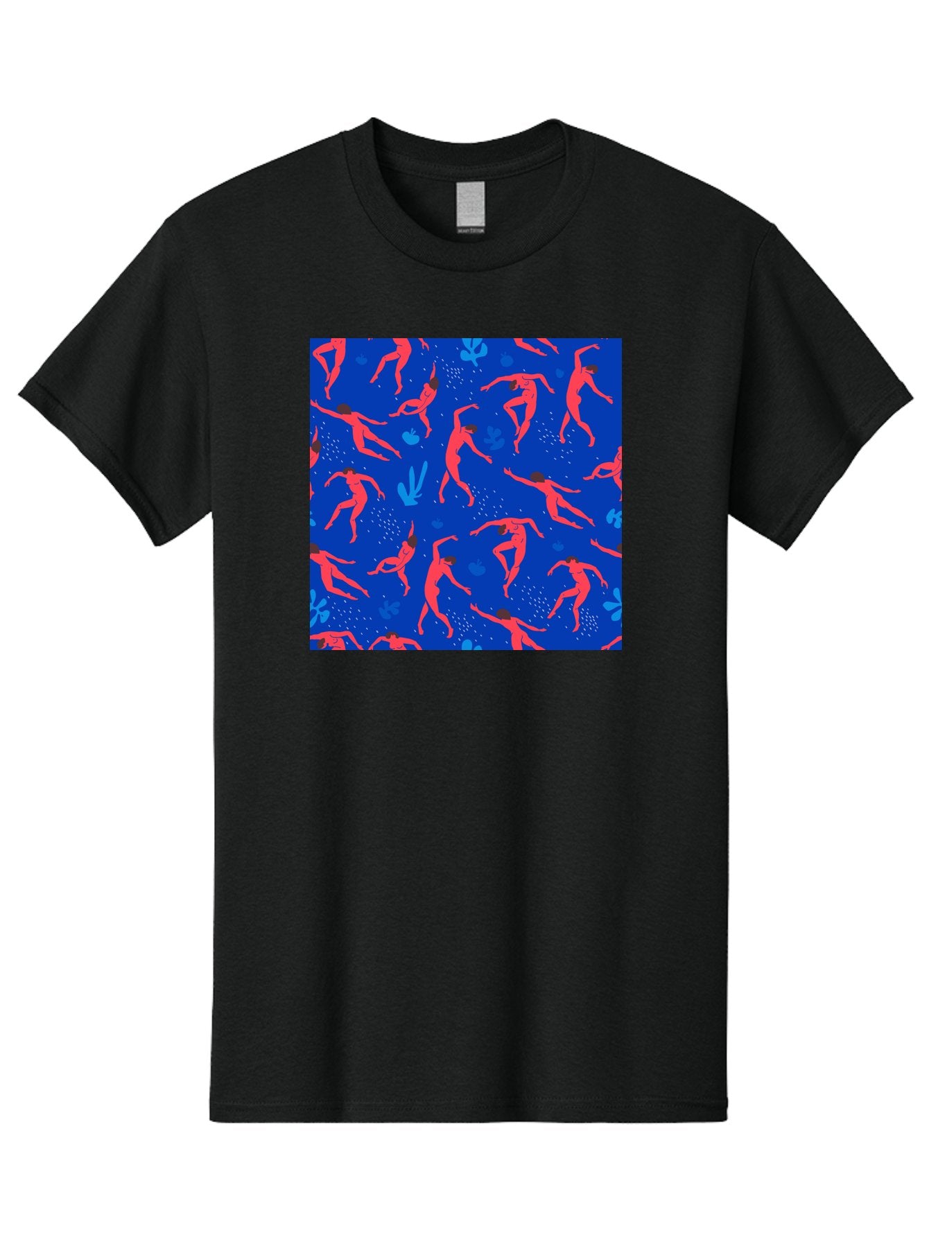 Dancing-Figures-2 Men'S Graphic Tee, 100% Cotton, Comfortable Casual Summer Wear, Machine Washable, Female Figures Dancing, Abstract Shapes, Vibrant Colors, Dynamic Patterns, Rhythmic Movement, Fitness Inspiration, Blue Background, Aab616 7