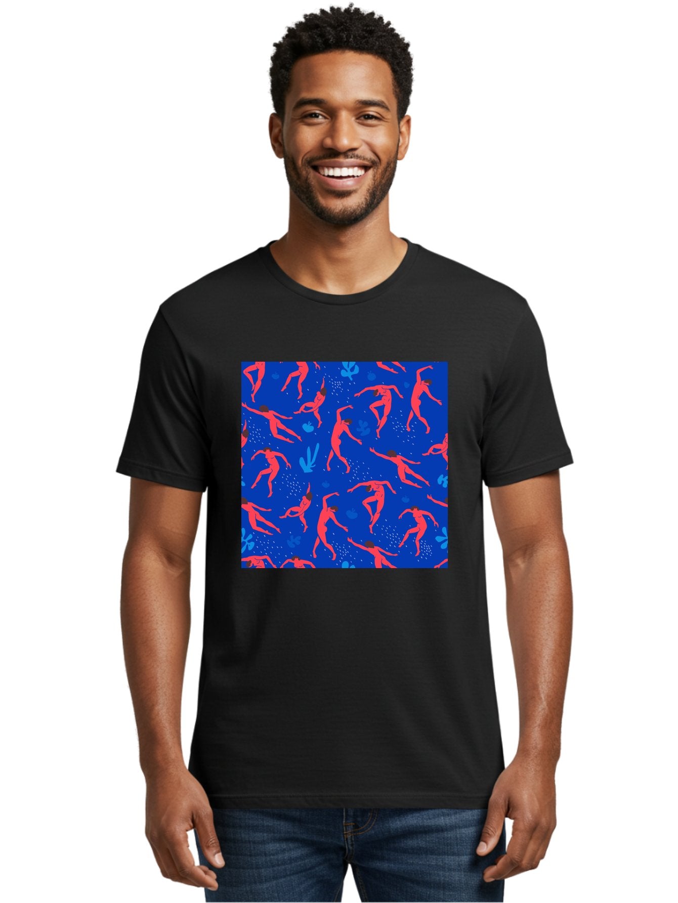Dancing-Figures-2 Men'S Graphic Tee, 100% Cotton, Comfortable Casual Summer Wear, Machine Washable, Female Figures Dancing, Abstract Shapes, Vibrant Colors, Dynamic Patterns, Rhythmic Movement, Fitness Inspiration, Blue Background, Aab616 16