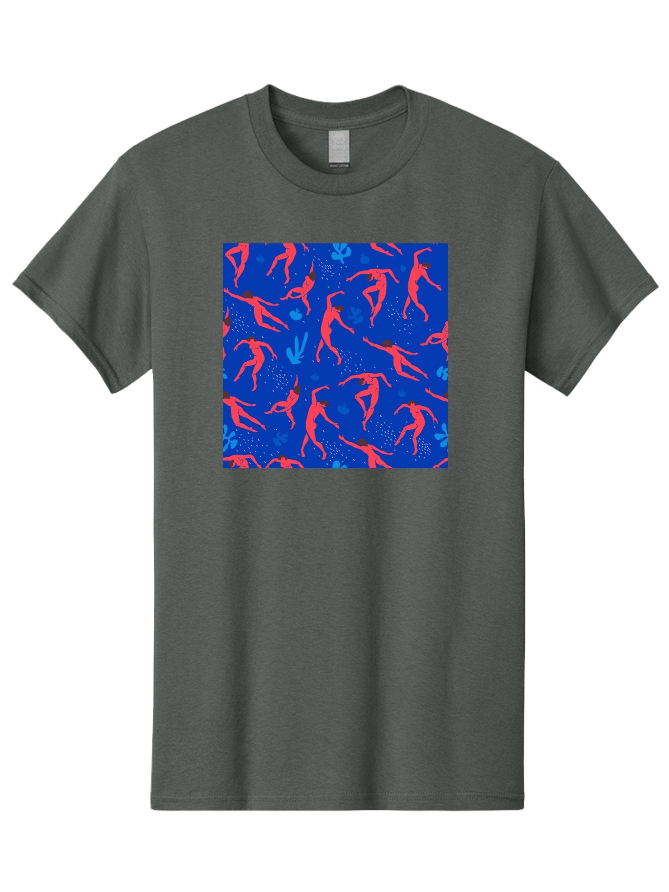 Dancing-Figures-2 Men'S Graphic Tee, 100% Cotton, Comfortable Casual Summer Wear, Machine Washable, Female Figures Dancing, Abstract Shapes, Vibrant Colors, Dynamic Patterns, Rhythmic Movement, Fitness Inspiration, Blue Background, Aab616