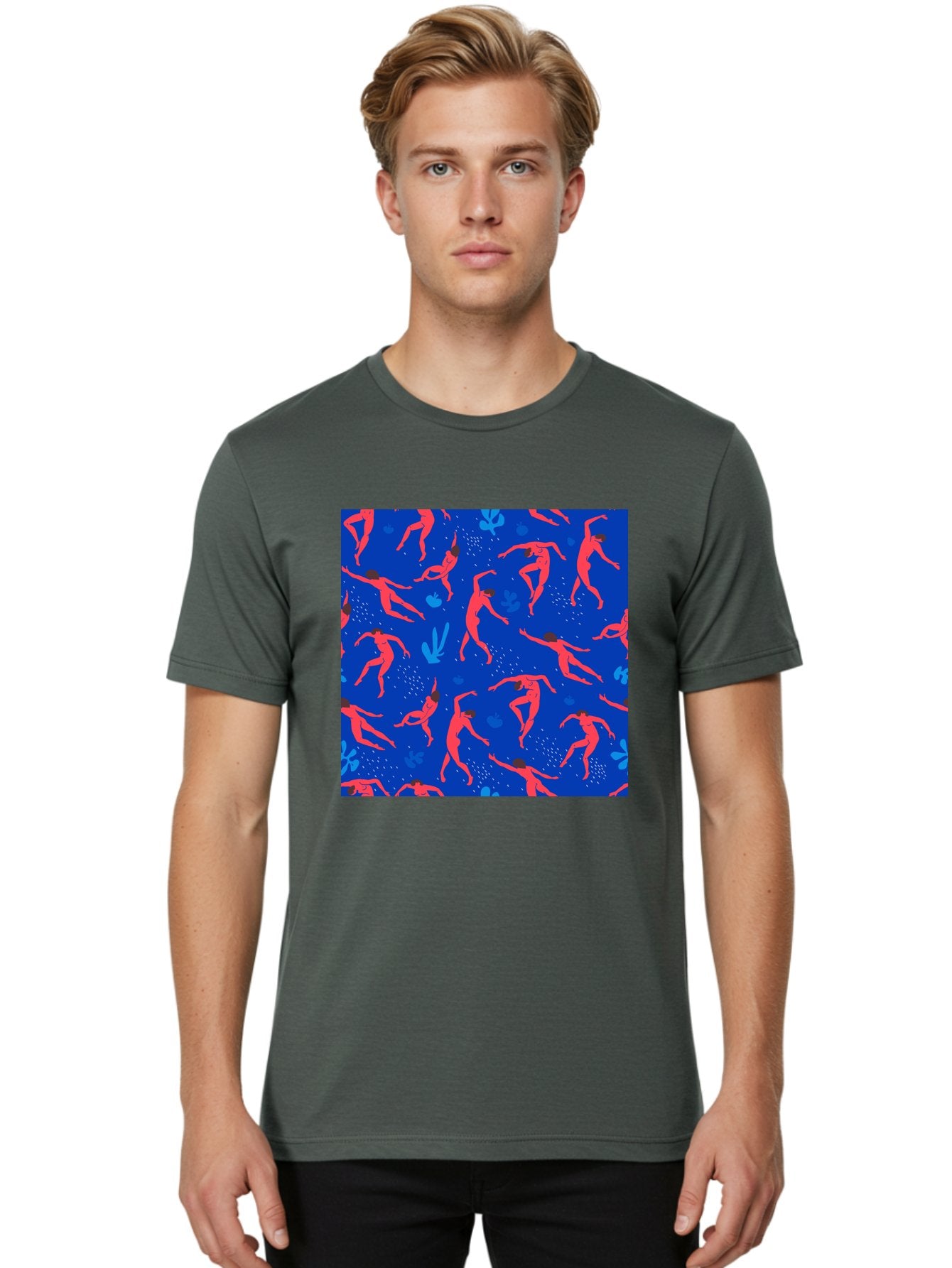 Dancing-Figures-2 Men'S Graphic Tee, 100% Cotton, Comfortable Casual Summer Wear, Machine Washable, Female Figures Dancing, Abstract Shapes, Vibrant Colors, Dynamic Patterns, Rhythmic Movement, Fitness Inspiration, Blue Background, Aab616 19