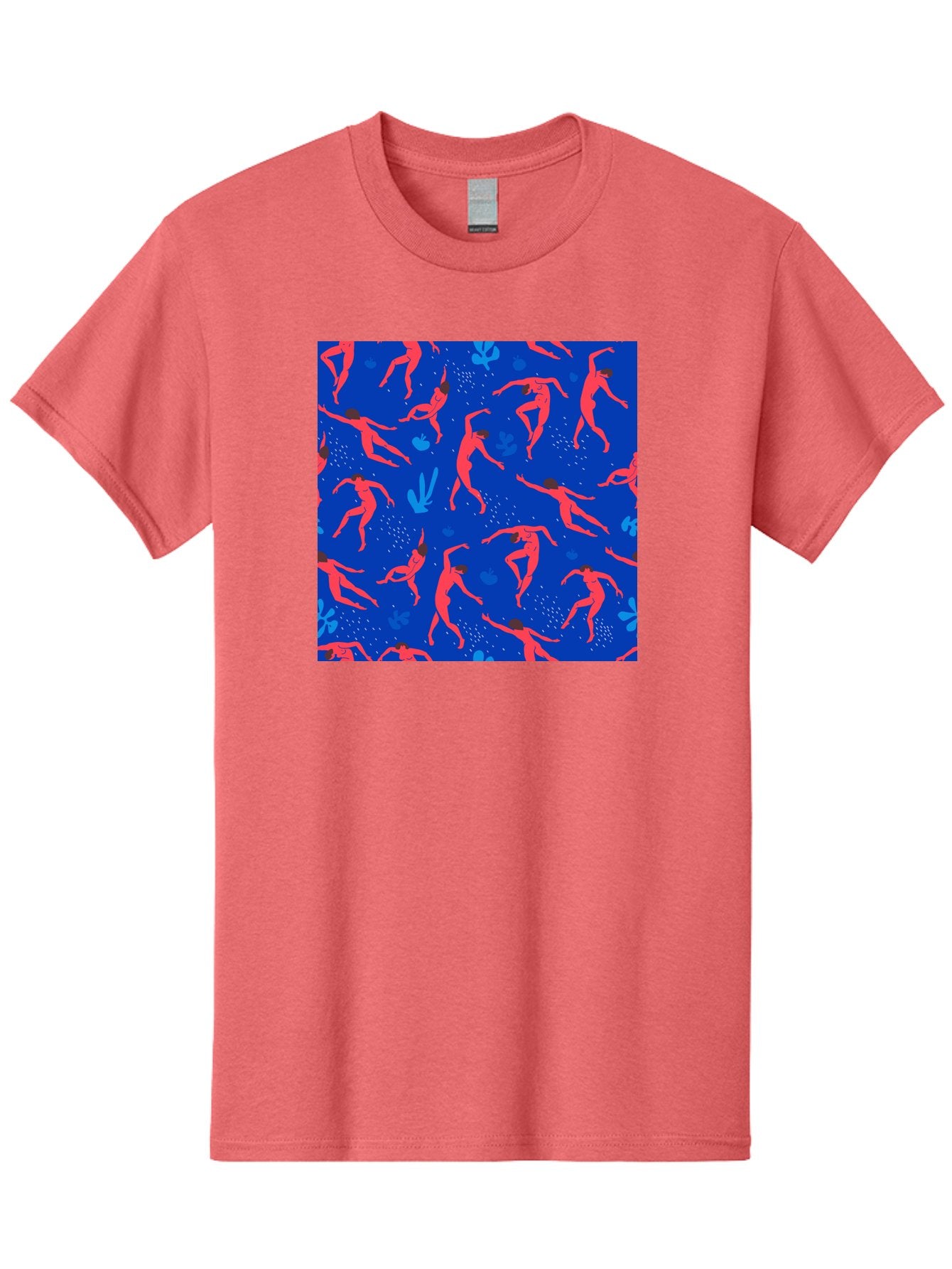 Dancing-Figures-2 Men'S Graphic Tee, 100% Cotton, Comfortable Casual Summer Wear, Machine Washable, Female Figures Dancing, Abstract Shapes, Vibrant Colors, Dynamic Patterns, Rhythmic Movement, Fitness Inspiration, Blue Background, Aab616 4
