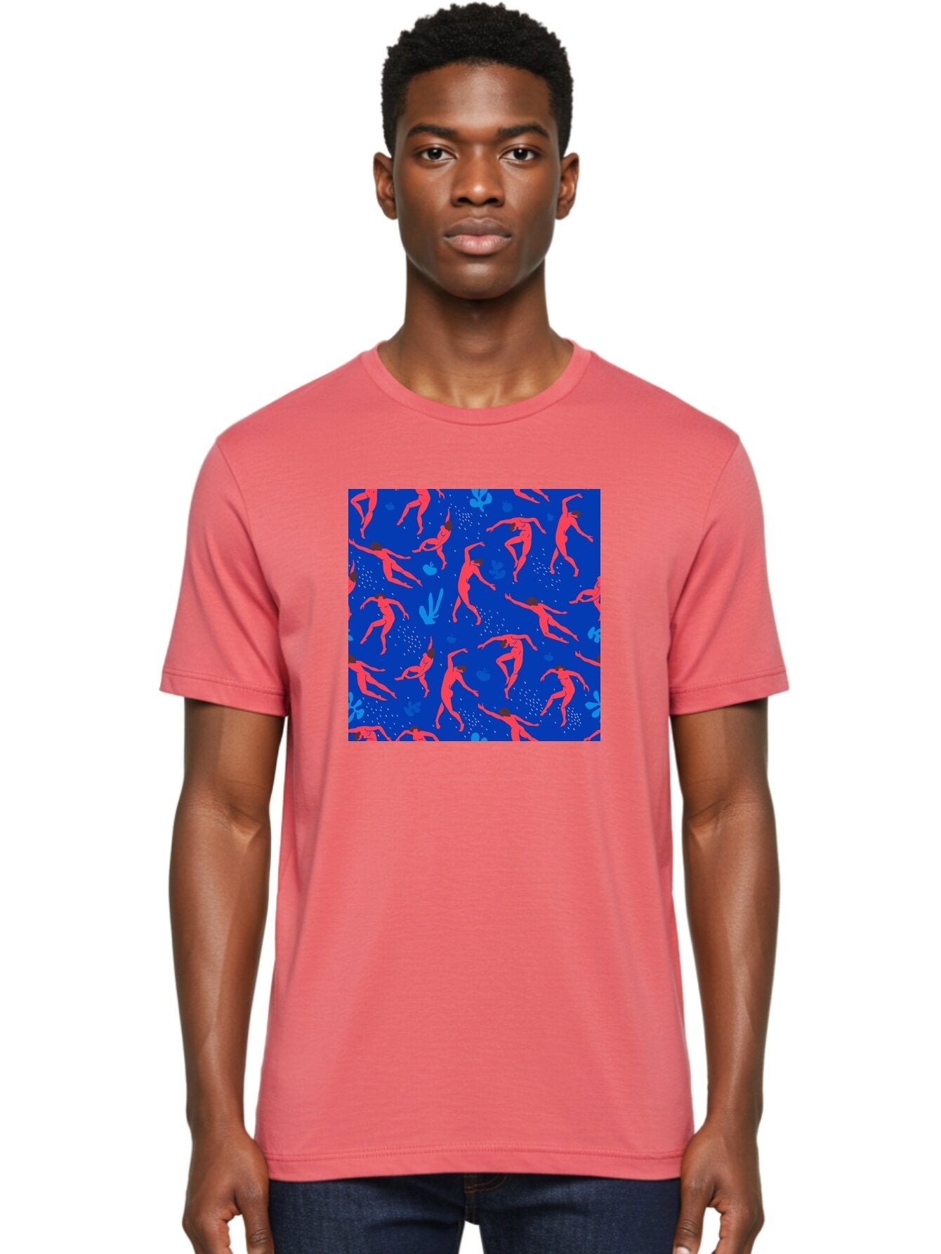 Dancing-Figures-2 Men'S Graphic Tee, 100% Cotton, Comfortable Casual Summer Wear, Machine Washable, Female Figures Dancing, Abstract Shapes, Vibrant Colors, Dynamic Patterns, Rhythmic Movement, Fitness Inspiration, Blue Background, Aab616 18