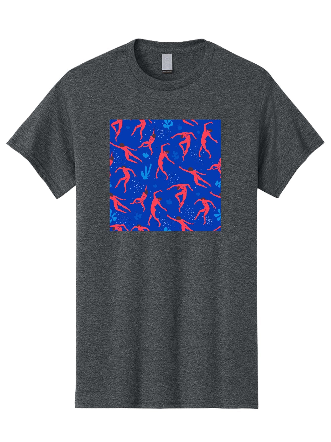 Dancing-Figures-2 Men'S Graphic Tee, 100% Cotton, Comfortable Casual Summer Wear, Machine Washable, Female Figures Dancing, Abstract Shapes, Vibrant Colors, Dynamic Patterns, Rhythmic Movement, Fitness Inspiration, Blue Background, Aab616 11