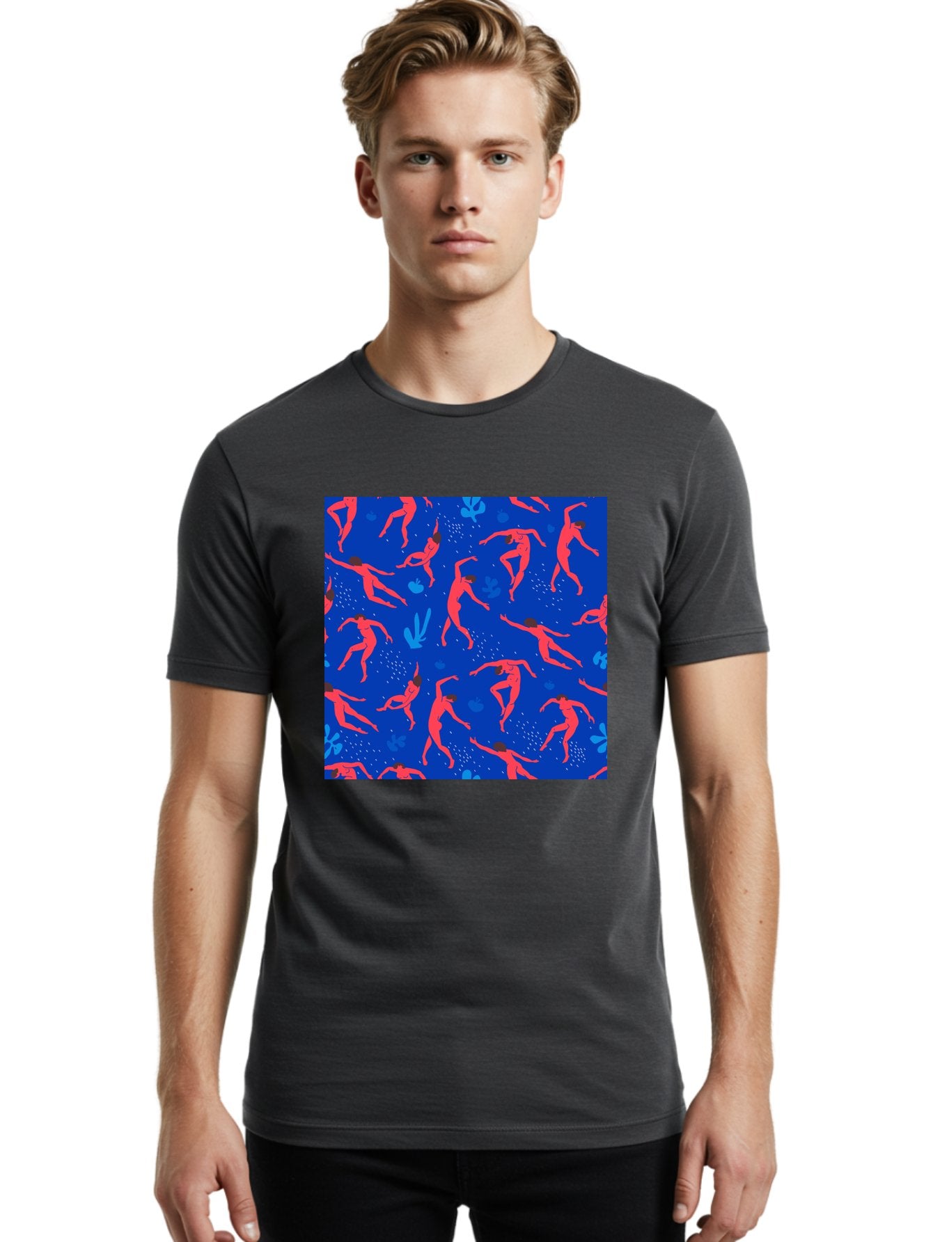 Dancing-Figures-2 Men'S Graphic Tee, 100% Cotton, Comfortable Casual Summer Wear, Machine Washable, Female Figures Dancing, Abstract Shapes, Vibrant Colors, Dynamic Patterns, Rhythmic Movement, Fitness Inspiration, Blue Background, Aab616 27