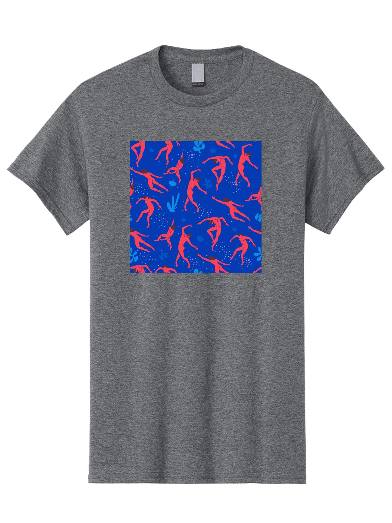 Dancing-Figures-2 Men'S Graphic Tee, 100% Cotton, Comfortable Casual Summer Wear, Machine Washable, Female Figures Dancing, Abstract Shapes, Vibrant Colors, Dynamic Patterns, Rhythmic Movement, Fitness Inspiration, Blue Background, Aab616 15