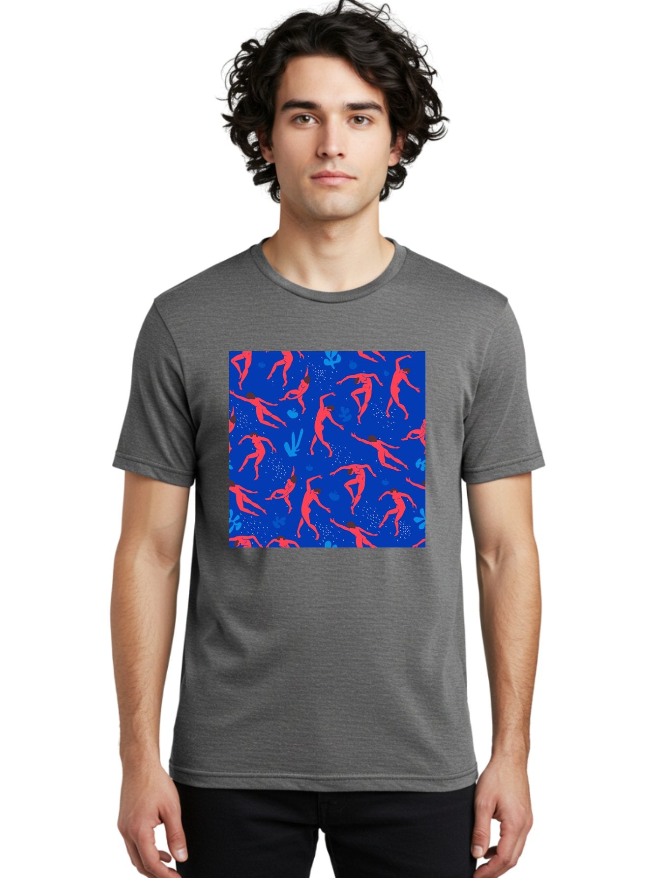 Dancing-Figures-2 Men'S Graphic Tee, 100% Cotton, Comfortable Casual Summer Wear, Machine Washable, Female Figures Dancing, Abstract Shapes, Vibrant Colors, Dynamic Patterns, Rhythmic Movement, Fitness Inspiration, Blue Background, Aab616 30