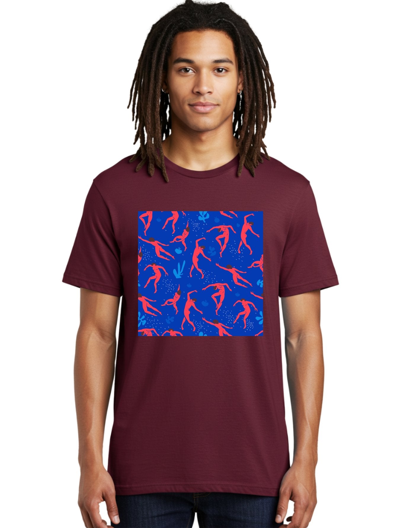 Dancing-Figures-2 Men'S Graphic Tee, 100% Cotton, Comfortable Casual Summer Wear, Machine Washable, Female Figures Dancing, Abstract Shapes, Vibrant Colors, Dynamic Patterns, Rhythmic Movement, Fitness Inspiration, Blue Background, Aab616 28