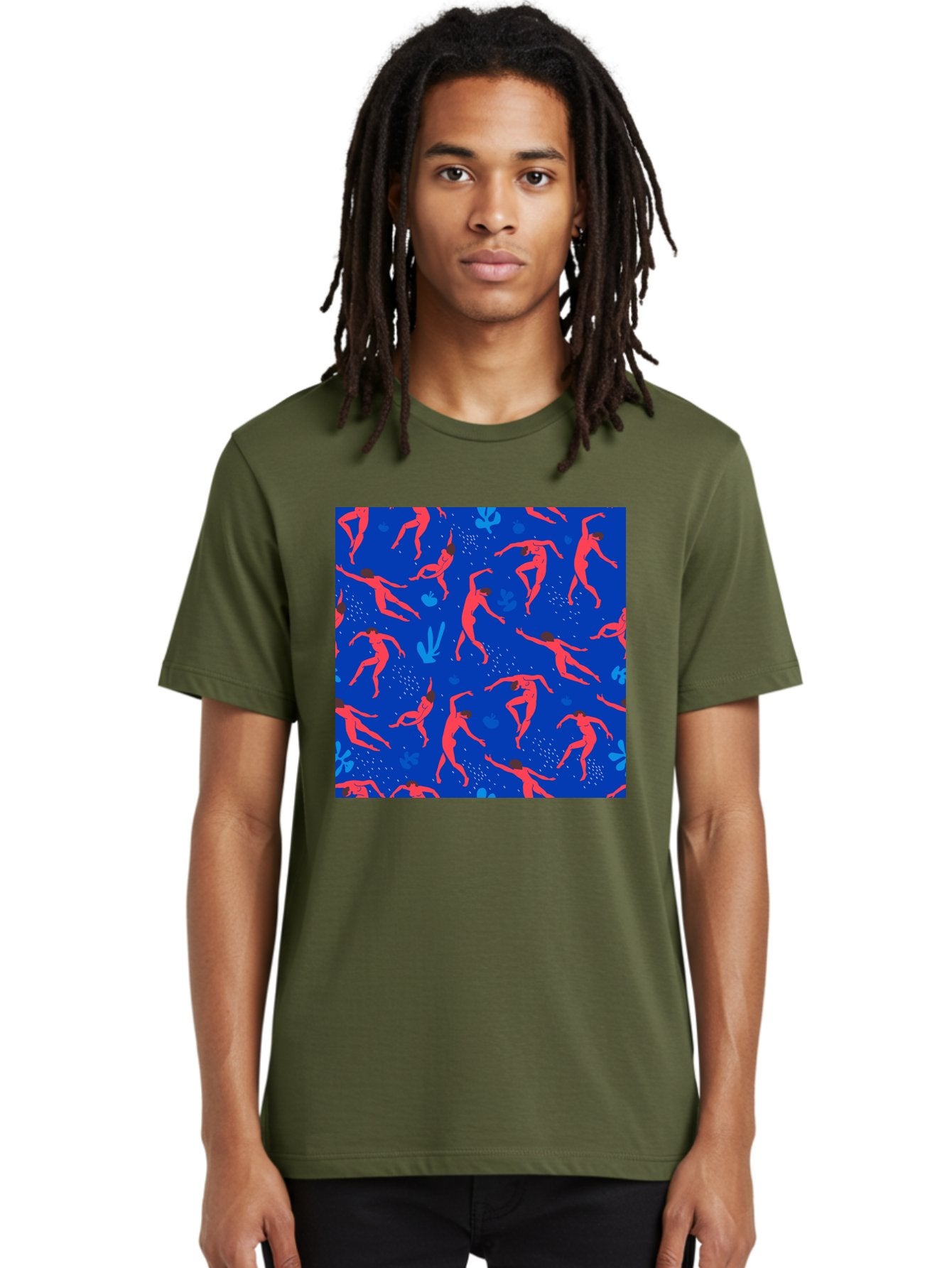 Dancing-Figures-2 Men'S Graphic Tee, 100% Cotton, Comfortable Casual Summer Wear, Machine Washable, Female Figures Dancing, Abstract Shapes, Vibrant Colors, Dynamic Patterns, Rhythmic Movement, Fitness Inspiration, Blue Background, Aab616 24
