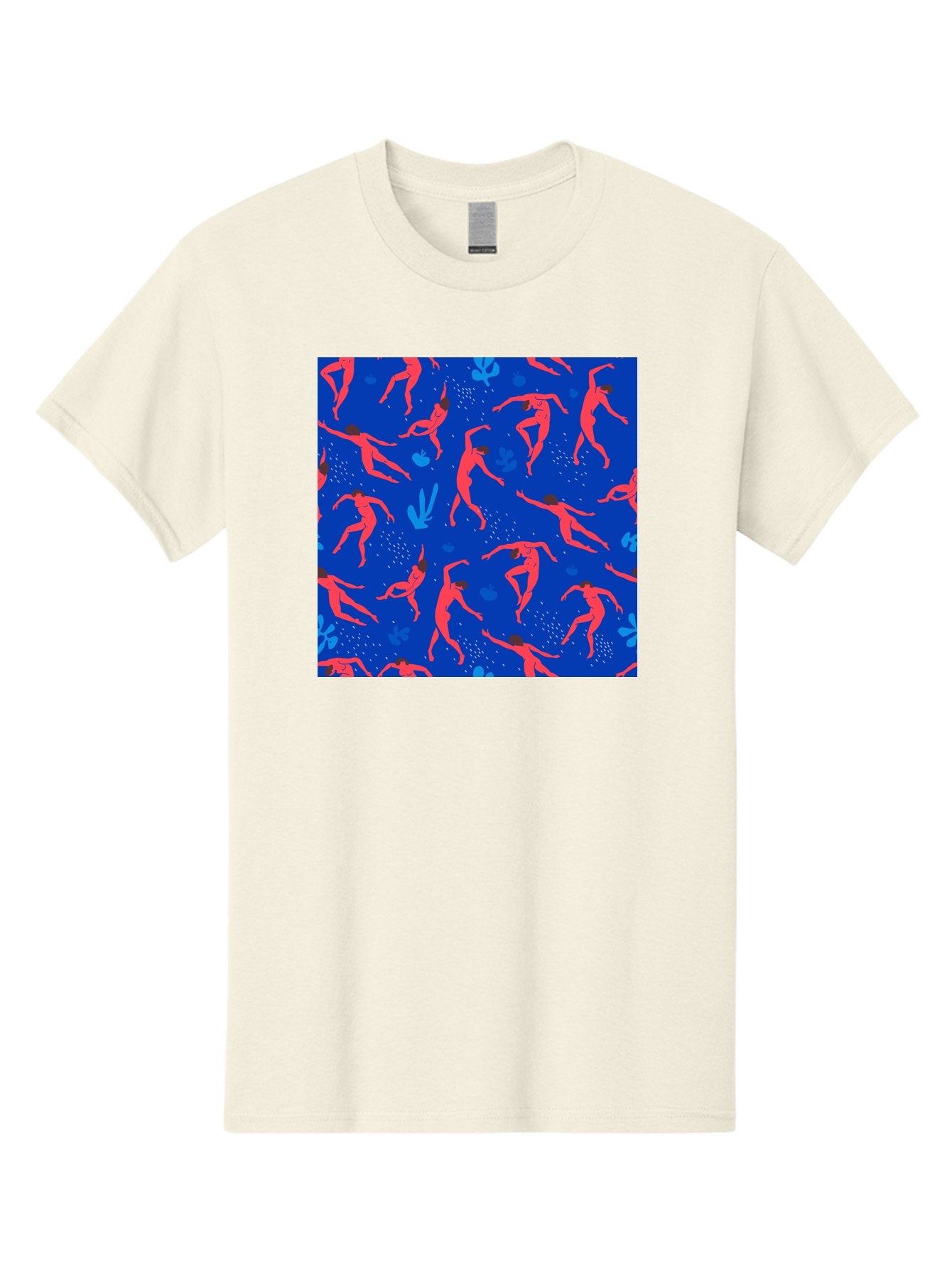 Dancing-Figures-2 Men'S Graphic Tee, 100% Cotton, Comfortable Casual Summer Wear, Machine Washable, Female Figures Dancing, Abstract Shapes, Vibrant Colors, Dynamic Patterns, Rhythmic Movement, Fitness Inspiration, Blue Background, Aab616 9