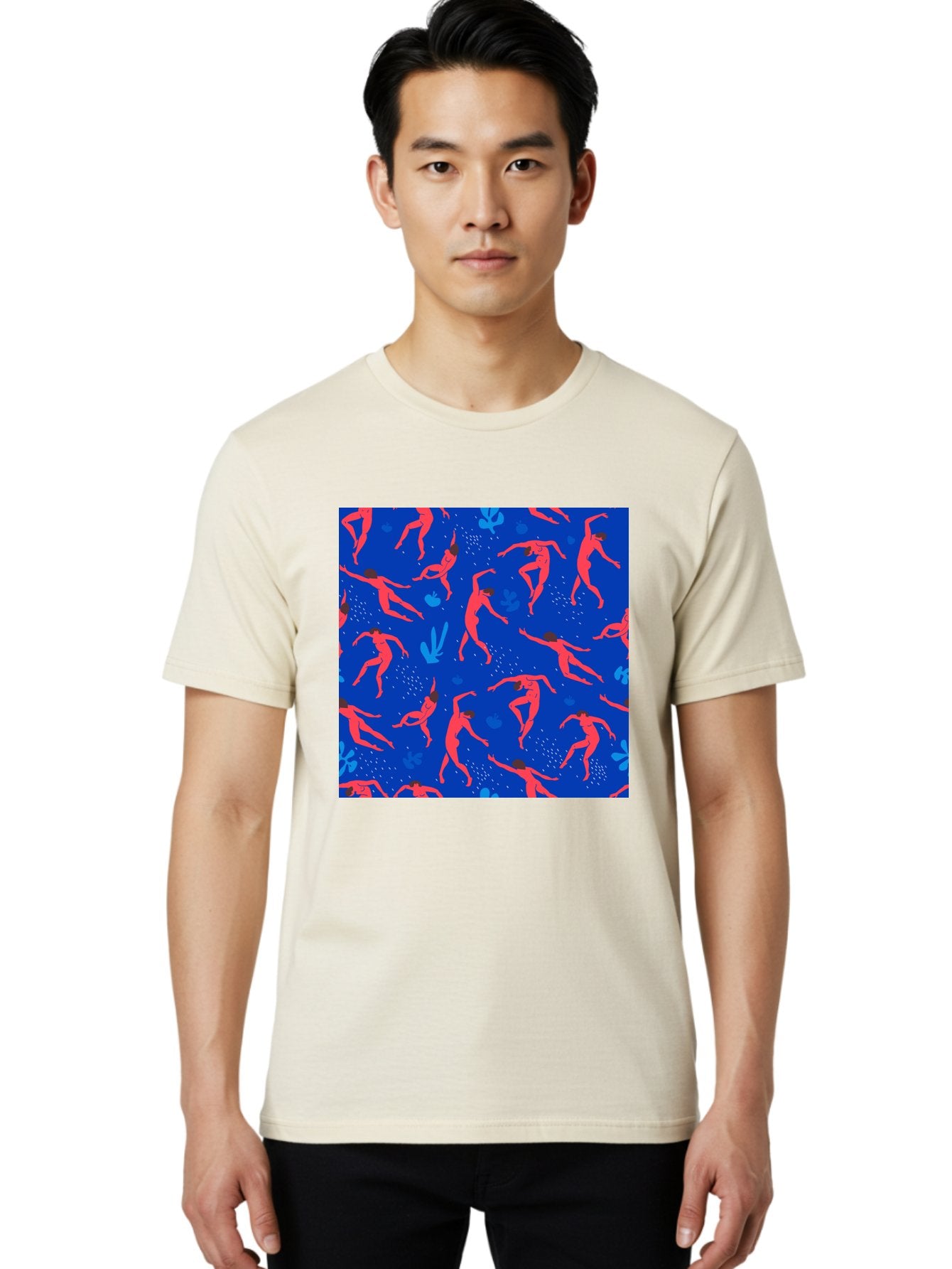 Dancing-Figures-2 Men'S Graphic Tee, 100% Cotton, Comfortable Casual Summer Wear, Machine Washable, Female Figures Dancing, Abstract Shapes, Vibrant Colors, Dynamic Patterns, Rhythmic Movement, Fitness Inspiration, Blue Background, Aab616 26