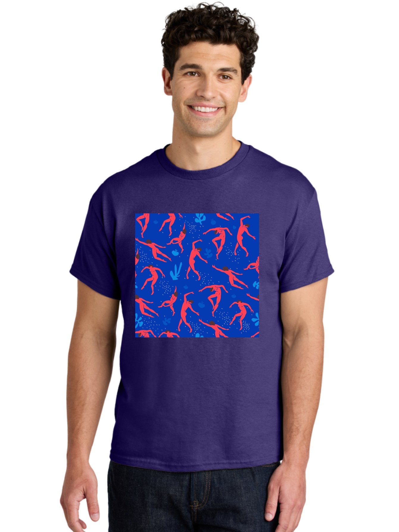 Dancing-Figures-2 Men'S Graphic Tee, 100% Cotton, Comfortable Casual Summer Wear, Machine Washable, Female Figures Dancing, Abstract Shapes, Vibrant Colors, Dynamic Patterns, Rhythmic Movement, Fitness Inspiration, Blue Background, Aab616 20