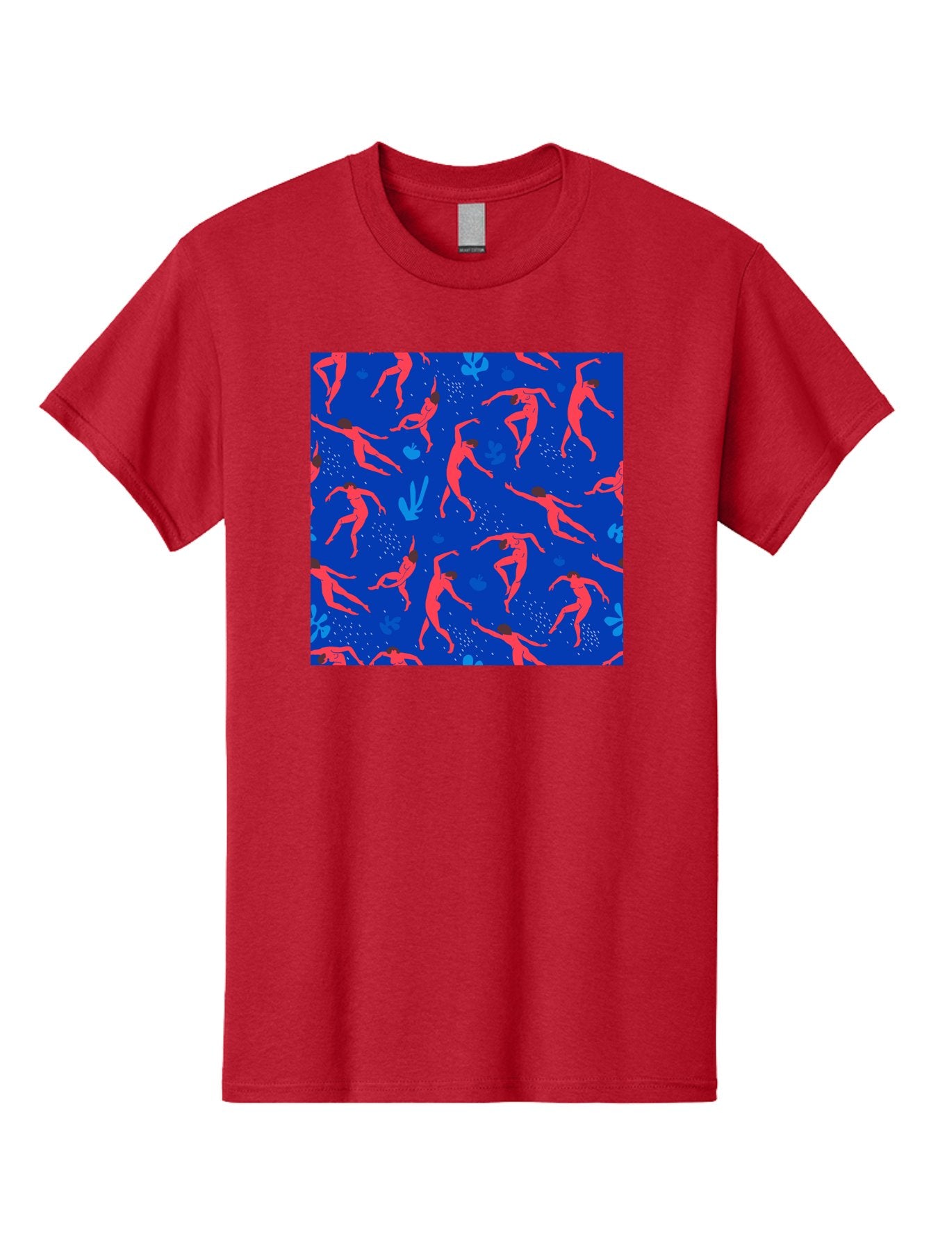 Dancing-Figures-2 Men'S Graphic Tee, 100% Cotton, Comfortable Casual Summer Wear, Machine Washable, Female Figures Dancing, Abstract Shapes, Vibrant Colors, Dynamic Patterns, Rhythmic Movement, Fitness Inspiration, Blue Background, Aab616 8