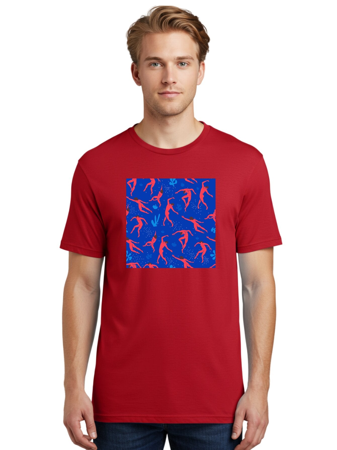 Dancing-Figures-2 Men'S Graphic Tee, 100% Cotton, Comfortable Casual Summer Wear, Machine Washable, Female Figures Dancing, Abstract Shapes, Vibrant Colors, Dynamic Patterns, Rhythmic Movement, Fitness Inspiration, Blue Background, Aab616 25