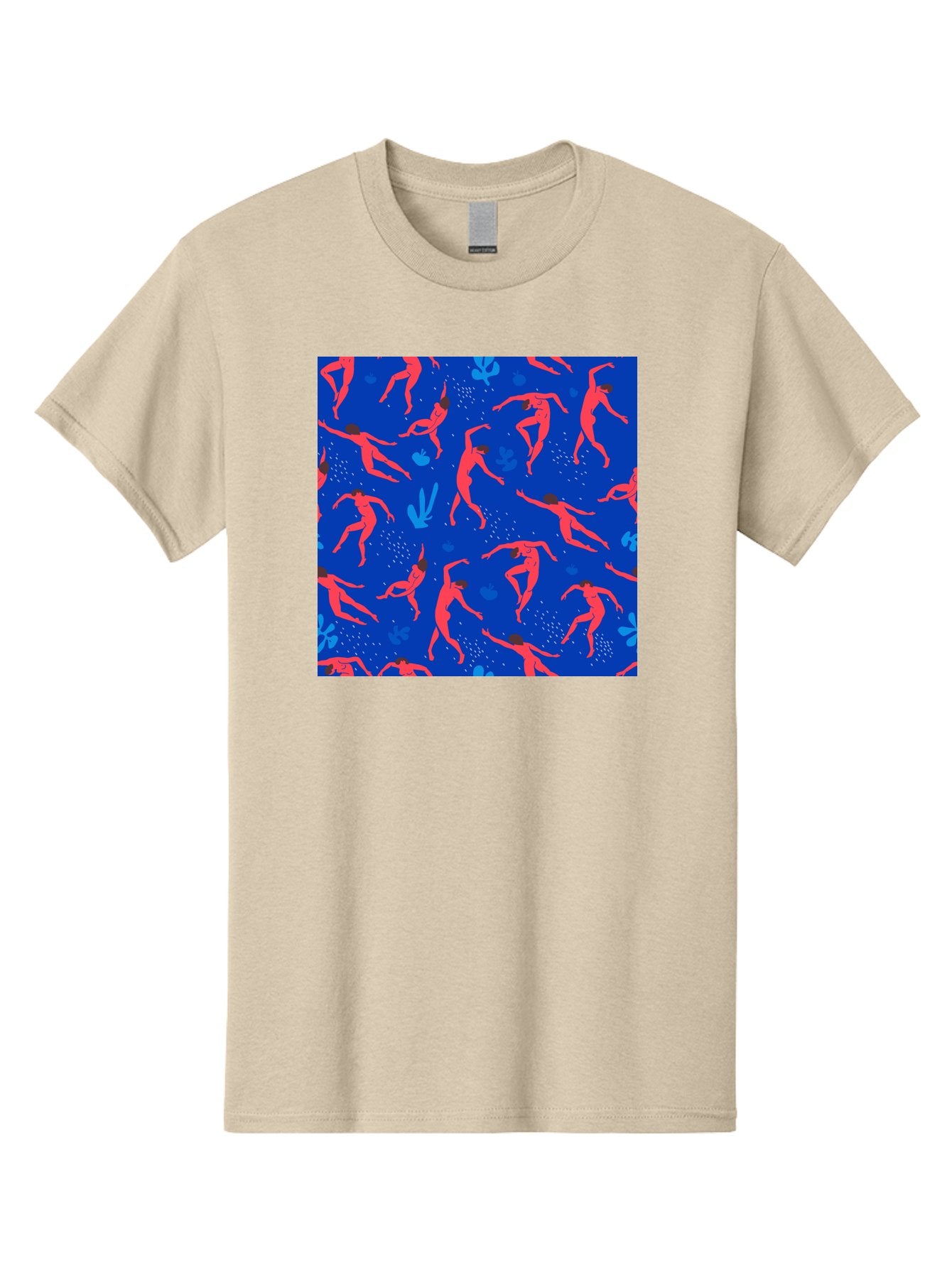 Dancing-Figures-2 Men'S Graphic Tee, 100% Cotton, Comfortable Casual Summer Wear, Machine Washable, Female Figures Dancing, Abstract Shapes, Vibrant Colors, Dynamic Patterns, Rhythmic Movement, Fitness Inspiration, Blue Background, Aab616 5