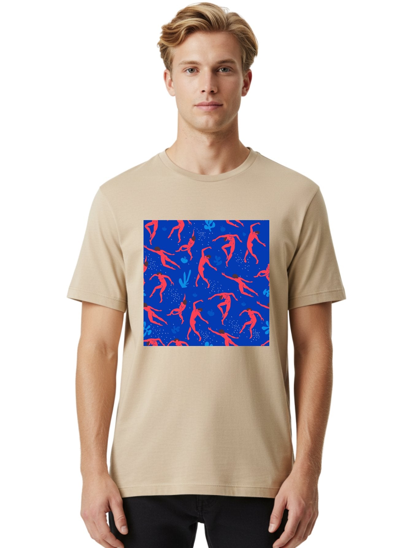 Dancing-Figures-2 Men'S Graphic Tee, 100% Cotton, Comfortable Casual Summer Wear, Machine Washable, Female Figures Dancing, Abstract Shapes, Vibrant Colors, Dynamic Patterns, Rhythmic Movement, Fitness Inspiration, Blue Background, Aab616 23