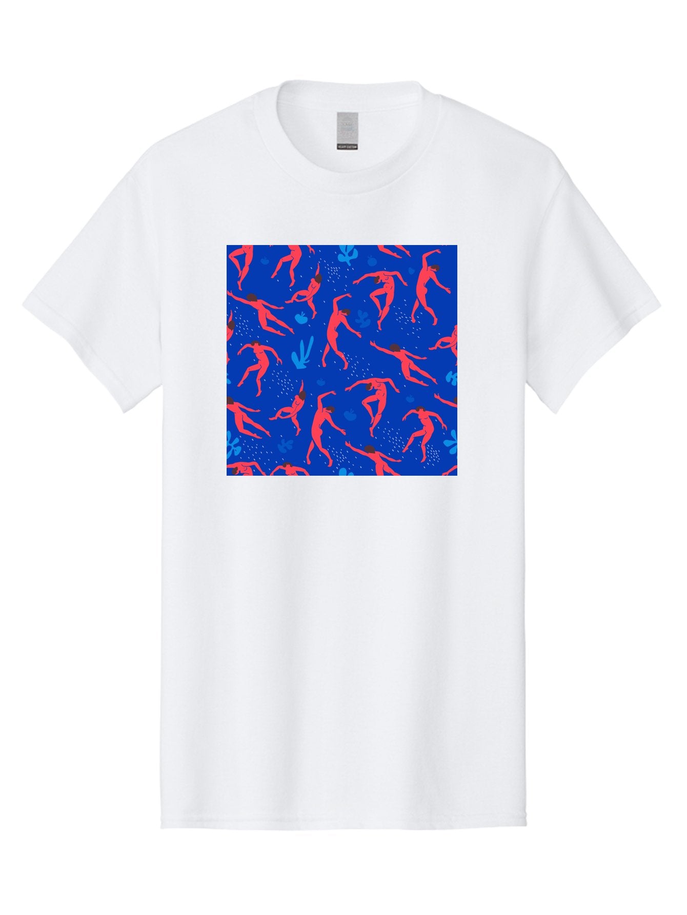 Dancing-Figures-2 Men'S Graphic Tee, 100% Cotton, Comfortable Casual Summer Wear, Machine Washable, Female Figures Dancing, Abstract Shapes, Vibrant Colors, Dynamic Patterns, Rhythmic Movement, Fitness Inspiration, Blue Background, Aab616 3