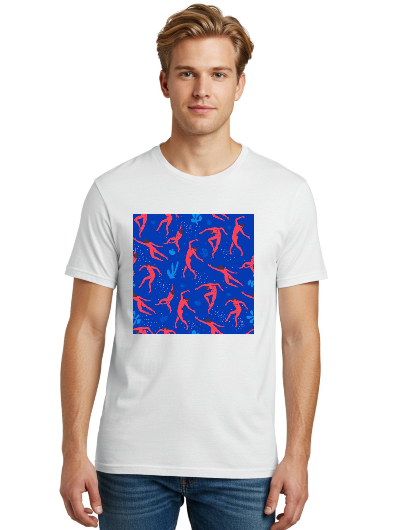 Dancing-Figures-2 Men'S Graphic Tee, 100% Cotton, Comfortable Casual Summer Wear, Machine Washable, Female Figures Dancing, Abstract Shapes, Vibrant Colors, Dynamic Patterns, Rhythmic Movement, Fitness Inspiration, Blue Background, Aab616 22