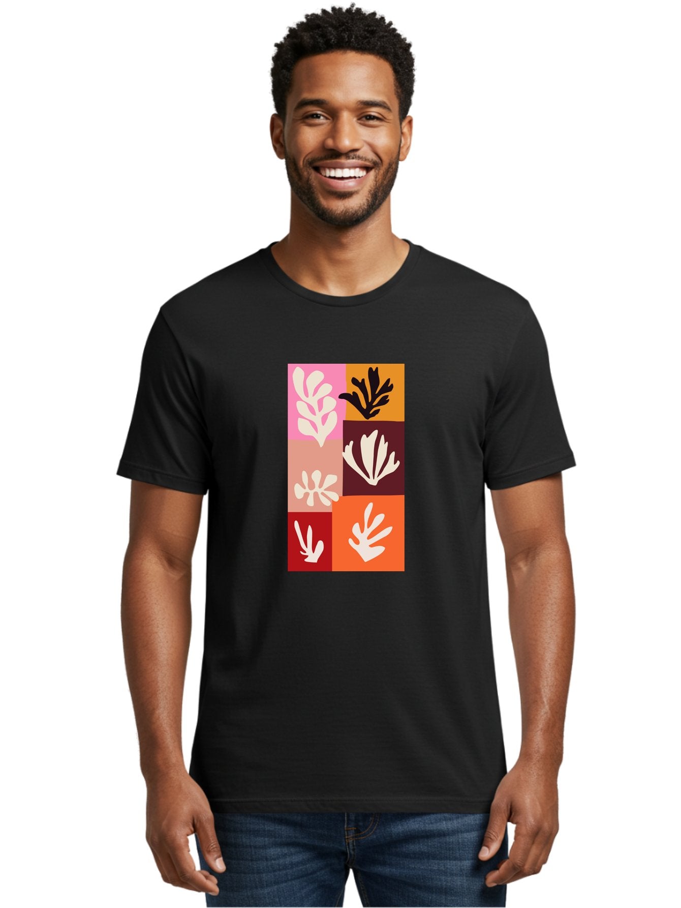 Leaf-Patterns Men'S Graphic Tee, 100% Cotton, Comfortable Casual Summer Wear, Machine Washable, Abstract Art, Cut-Out Technique, Floral Motifs, Bold Colors, Minimalist Design, Modern Art, Decorative Patterns, Leaf Silhouettes, Artistic Collage Aab622 28