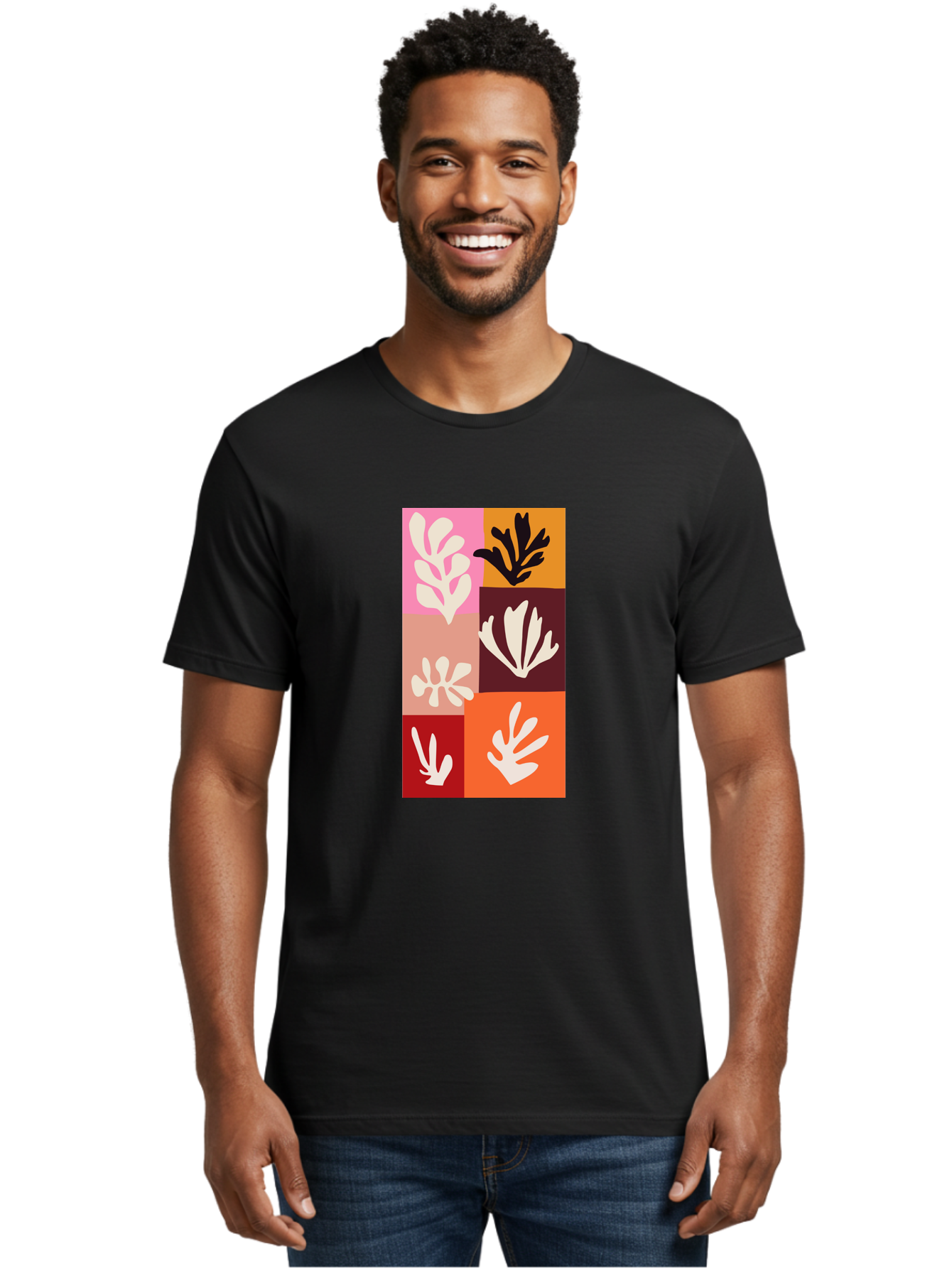 Leaf-Patterns Men'S Graphic Tee, 100% Cotton, Comfortable Casual Summer Wear, Machine Washable, Abstract Art, Cut-Out Technique, Floral Motifs, Bold Colors, Minimalist Design, Modern Art, Decorative Patterns, Leaf Silhouettes, Artistic Collage Aab622 6
